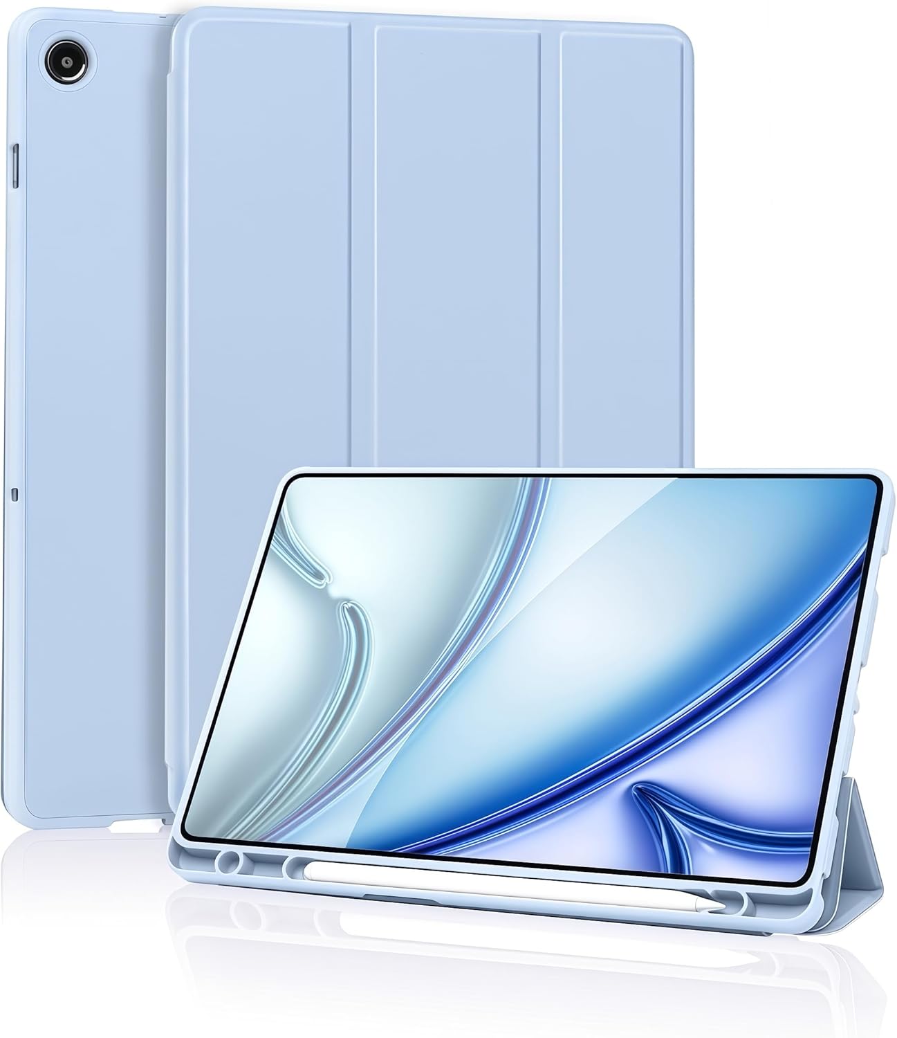 Palkitsee sky blue Samsung Galaxy Tab A9 Plus 11-inch smart case with auto sleep/wake, TPU back, S Pen holder, and shockproof design.