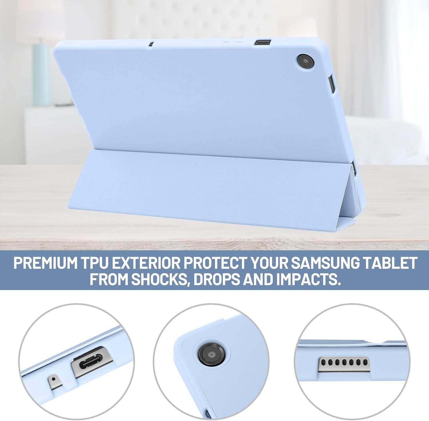 Palkitsee sky blue Samsung Galaxy Tab A9 Plus 11-inch smart cover with auto sleep/wake, soft TPU back, S Pen holder, and shockproof design
