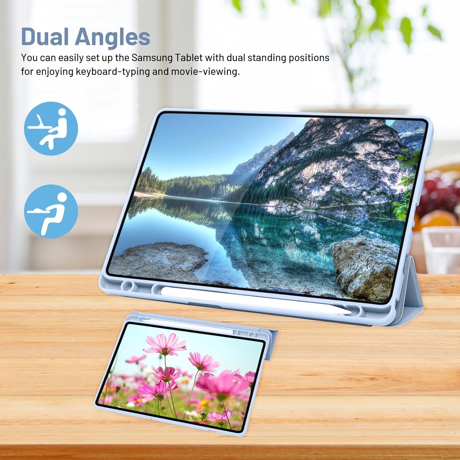 Sky blue Palkitsee Samsung Galaxy Tab A9 Plus 11-inch smart cover with auto sleep/wake, soft TPU back, S Pen holder, and shockproof design.