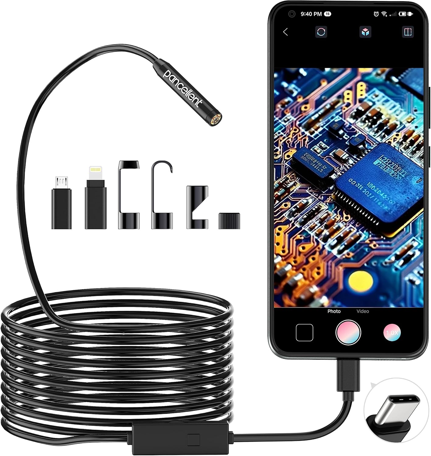 Pancellent 5.5mm 1920P Snake Inspection Borescope – HD Industrial Endoscope with 6 LED Lights