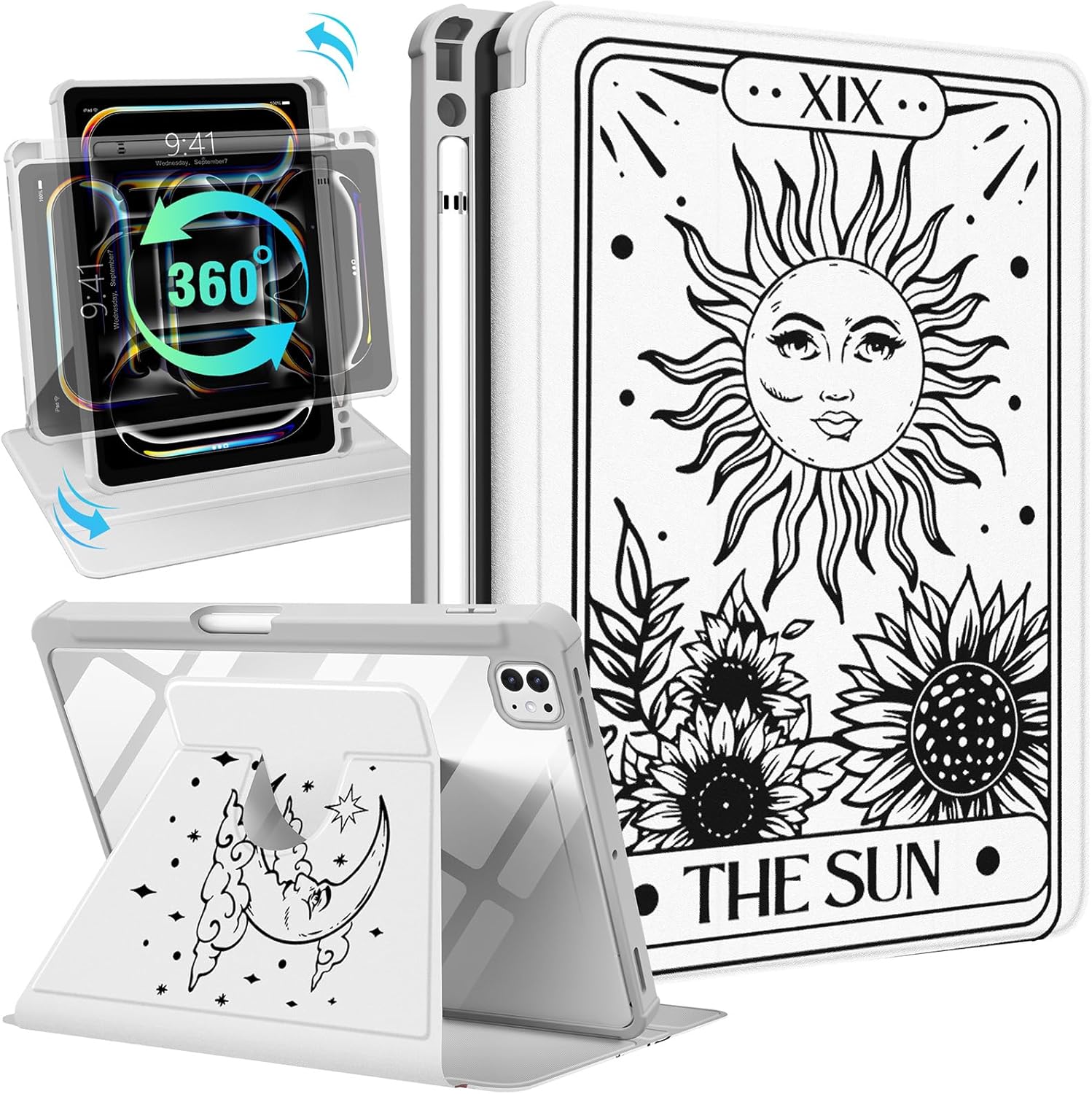 Pegmode. Cute Sun & Moon iPad Case for iPad Pro 13" M4 2024 ~ 360° Rotating Stand + Auto Wake/Sleep + Pencil Holder ~ Aesthetic Folio Cover for Girls & Teens - Zeta Store