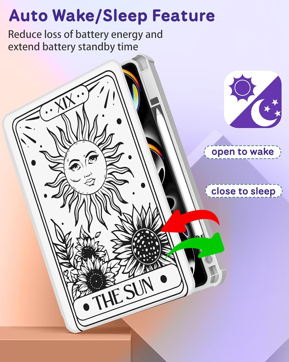 Pegmode. Cute Sun & Moon iPad Case for iPad Pro 13" M4 2024 ~ 360° Rotating Stand + Auto Wake/Sleep + Pencil Holder ~ Aesthetic Folio Cover for Girls & Teens - Zeta Store