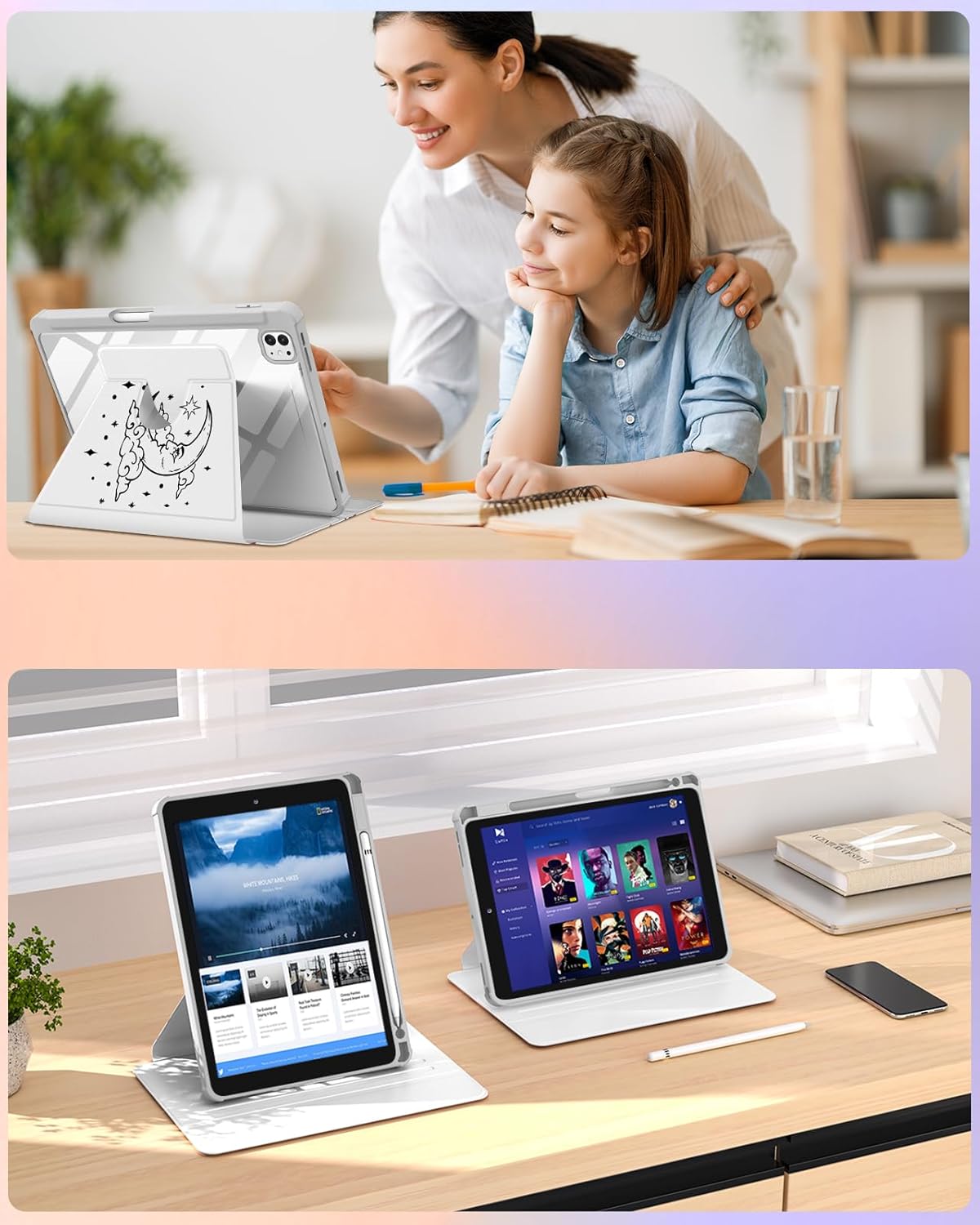 Pegmode. Cute Sun & Moon iPad Case for iPad Pro 13" M4 2024 ~ 360° Rotating Stand + Auto Wake/Sleep + Pencil Holder ~ Aesthetic Folio Cover for Girls & Teens - Zeta Store