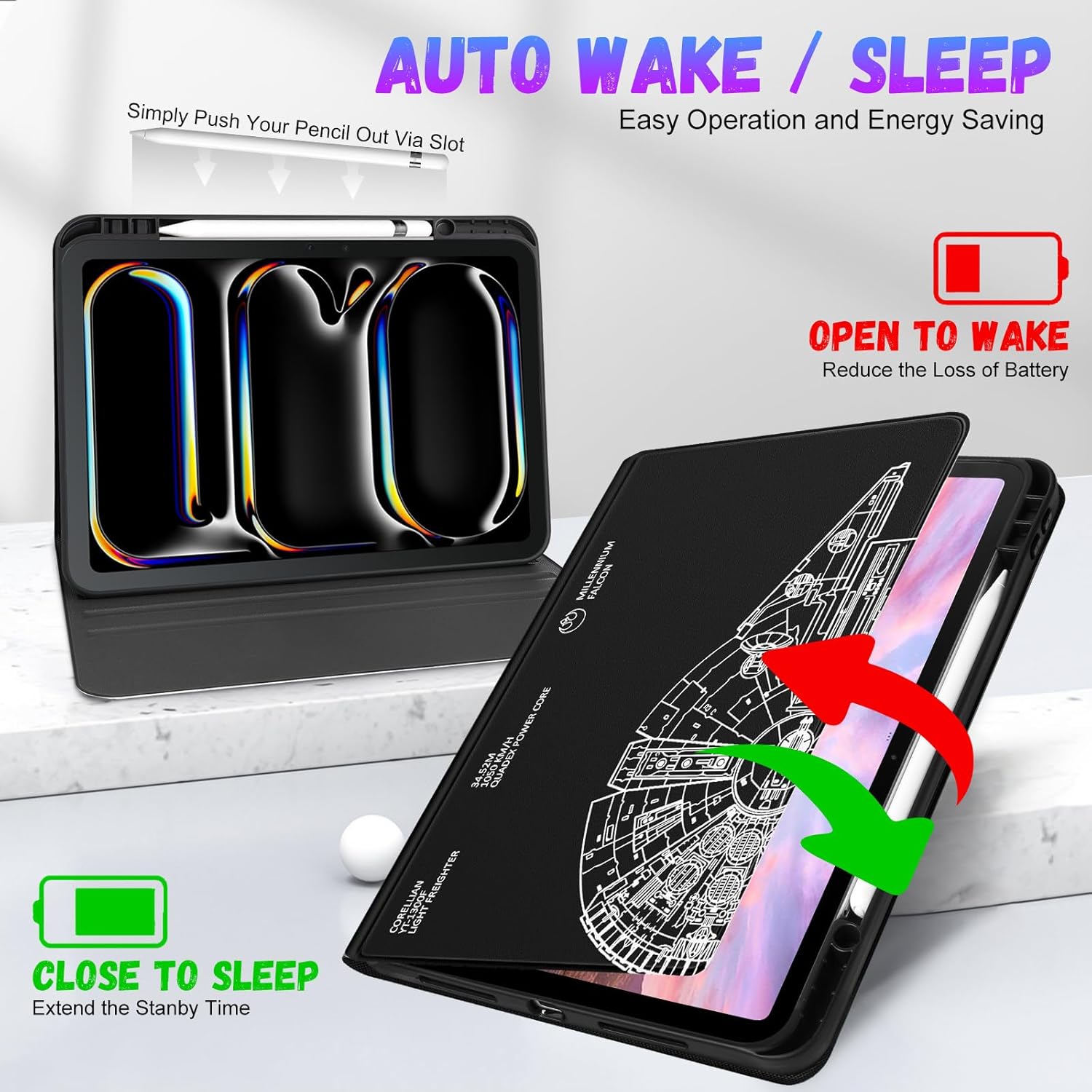 Pegmode. Millennium Falcon Design ✨ iPad Pro 13" Case 2024 (M4) | Cute Folio Cover with Pencil Holder | Auto Wake/Sleep | Multi-Angle Stand - Zeta Store