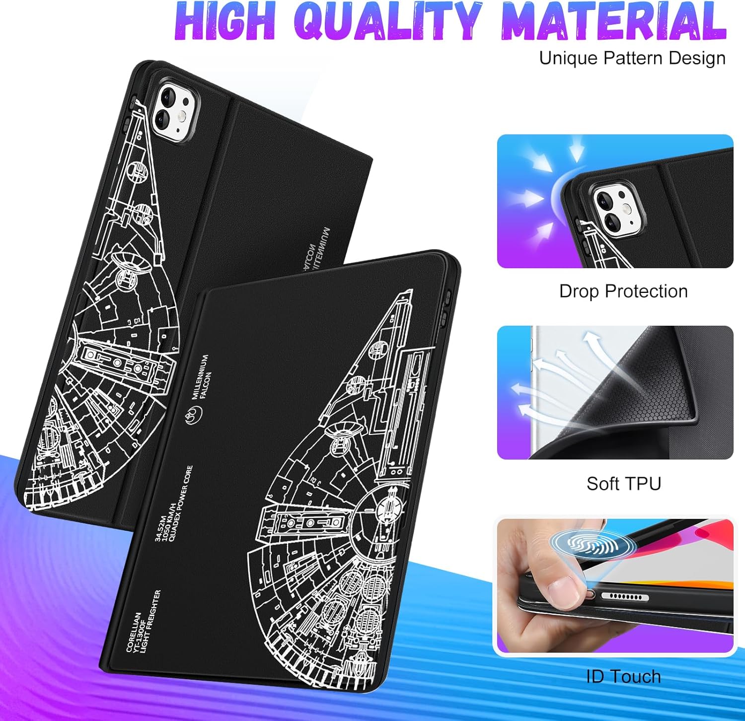Pegmode. Millennium Falcon Design ✨ iPad Pro 13" Case 2024 (M4) | Cute Folio Cover with Pencil Holder | Auto Wake/Sleep | Multi-Angle Stand - Zeta Store