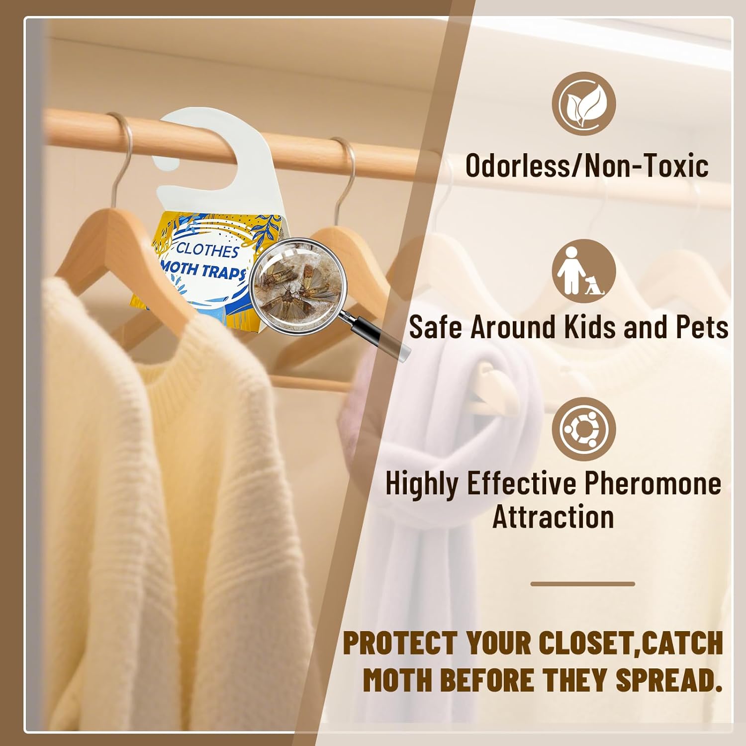 Plai 8-pack clothes moth traps with sticky paper, designed to protect closets, sweaters, and wool from moth damage.