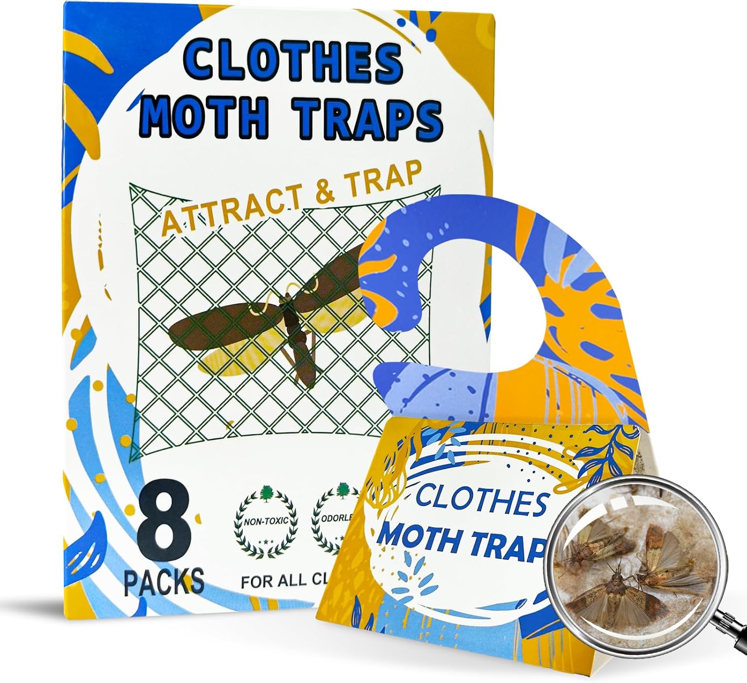 Plai 8-pack clothes moth traps with sticky paper, designed for closets, sweaters, and wool to prevent moth damage safely.