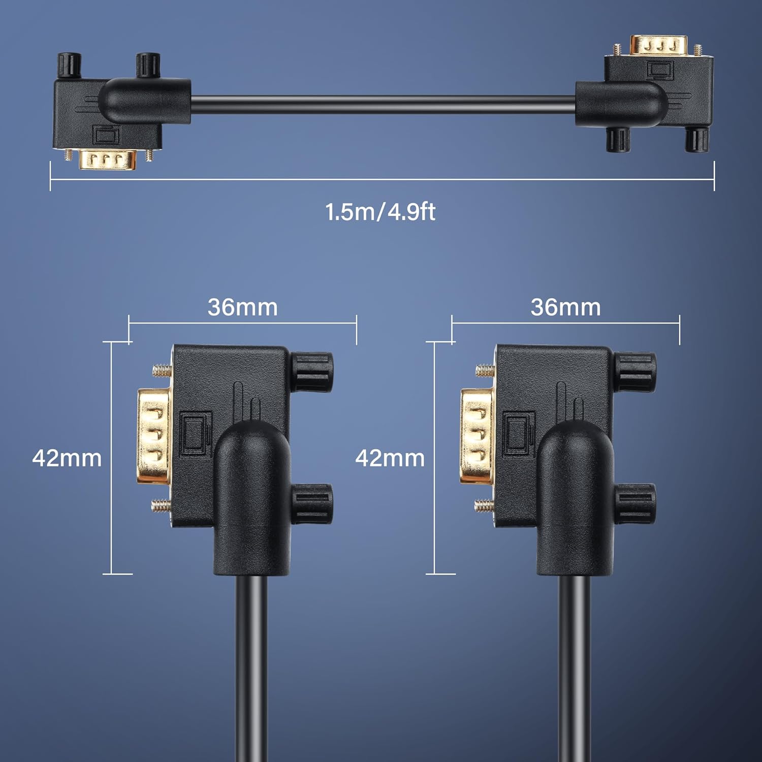 Pngkyocn 90° VGA cable, 0.5m or 1.5m, male to male, full HD 1080p, flexible bend angle for PC, laptop, projector connection
