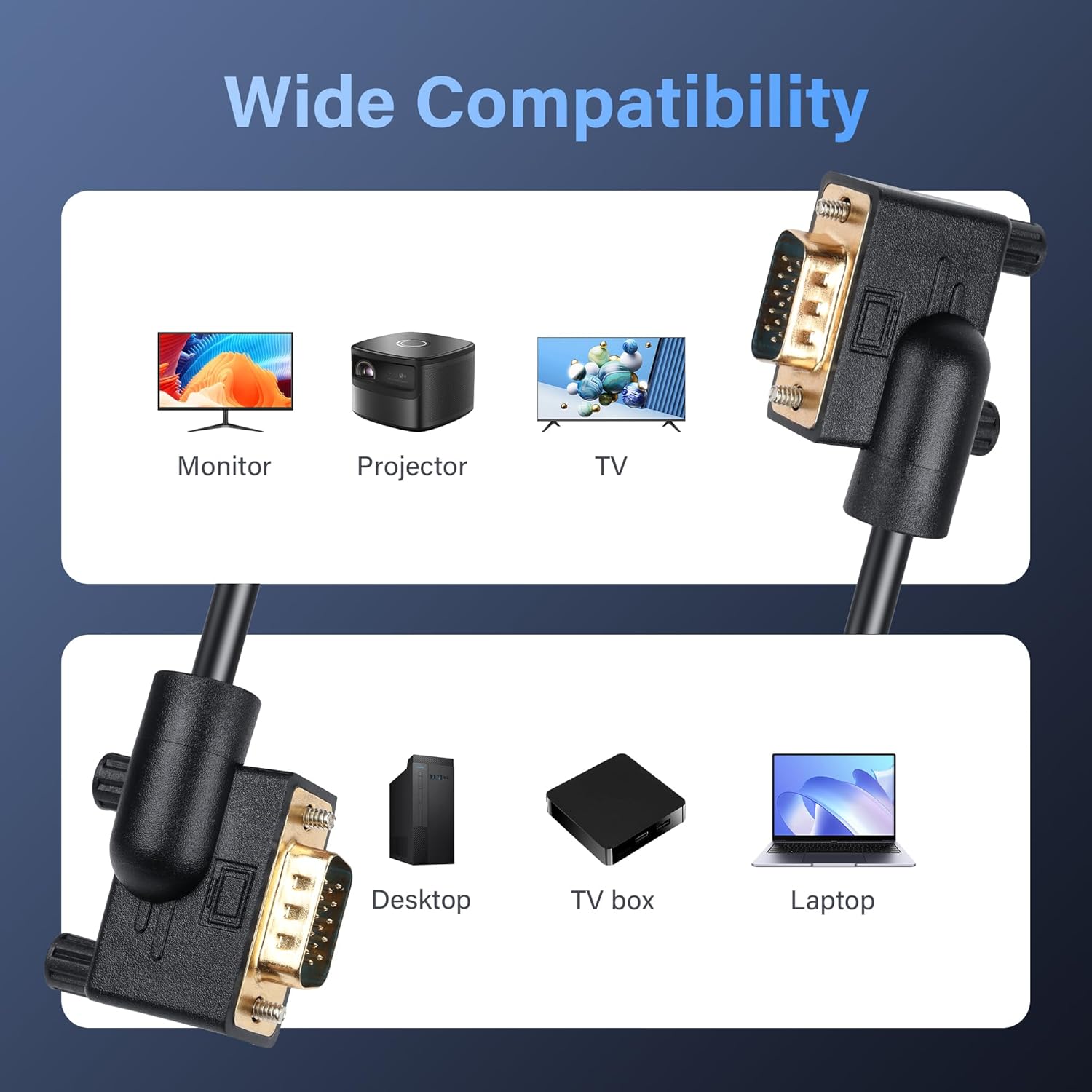 Pngkyocn 90° VGA cable, 1.5m, male to male, full HD 1080p, with bend angle for PC, laptop, and projector connection