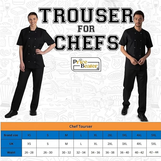 Price Beater Professional Chef Trousers Size M - Unisex Black Kitchen Uniform, Poly-Cotton, Elasticated Drawstring Waist
