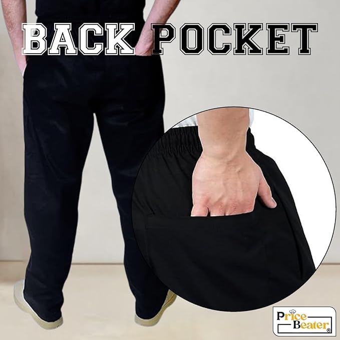 Price Beater Professional Chef Trousers Size M - Unisex Black Kitchen Uniform, Poly-Cotton, Elasticated Drawstring Waist
