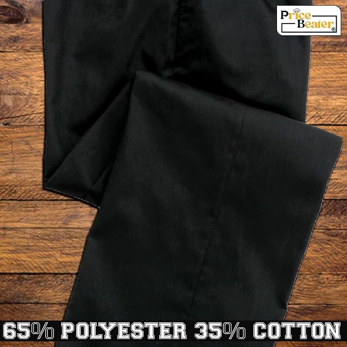 Price Beater Professional Chef Trousers Size M - Unisex Black Kitchen Uniform, Poly-Cotton, Elasticated Drawstring Waist