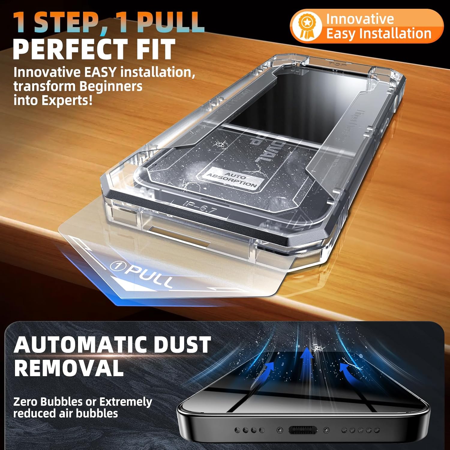PuyaTeya iPhone UNBREAK 9H glass screen protector with auto-dust removal, full coverage, bubble-free, ultra HD, case-friendly, black box.