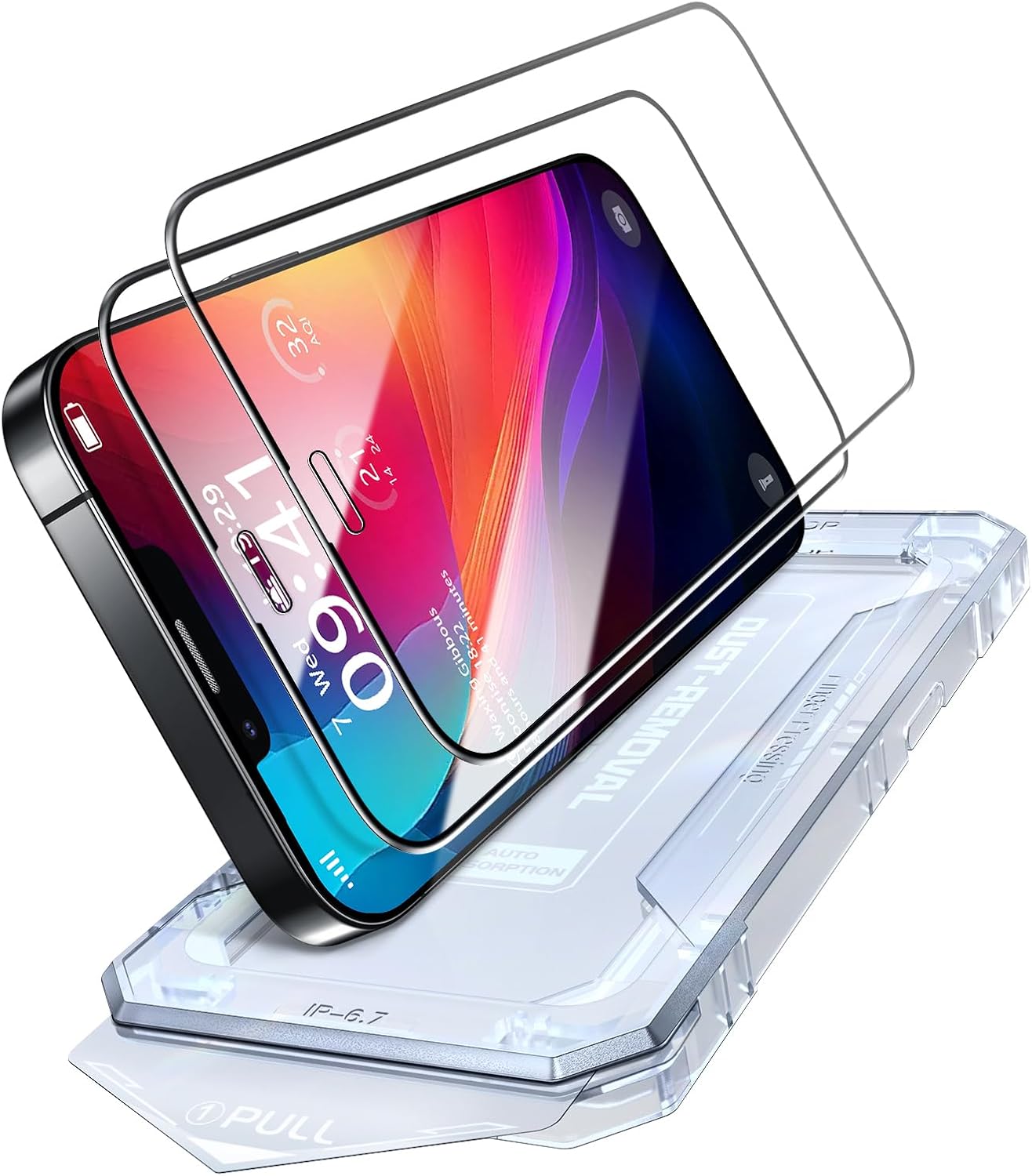 PuyaTeya iPhone UNBREAK 9H glass screen protector with auto-dust removal, bubble-free full coverage, case friendly, black box, 2-pack