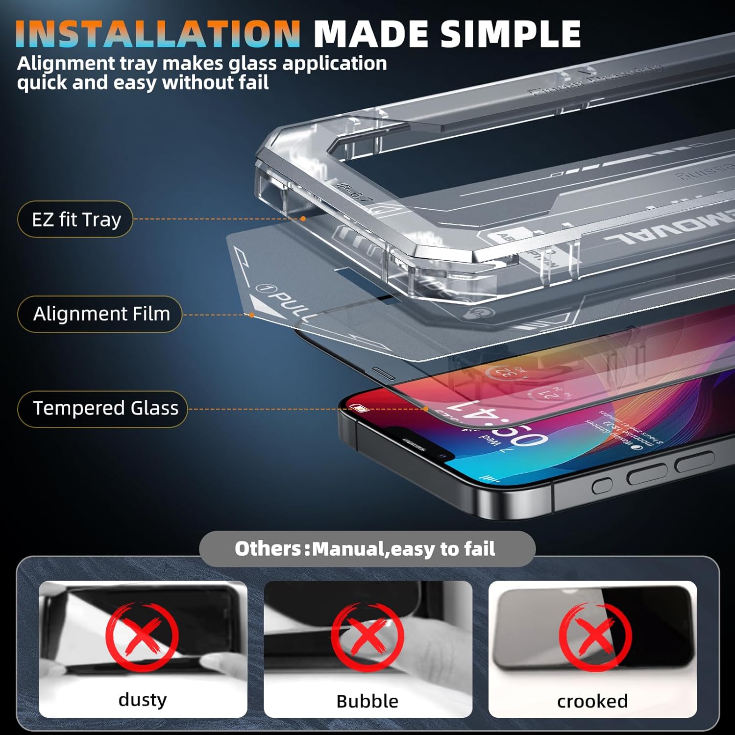PuyaTeya iPhone UNBREAK 9H glass screen protector with auto-dust removal, full coverage, bubble-free, ultra HD, case friendly, 2-pack