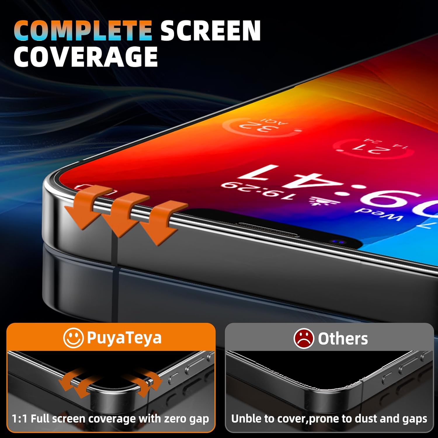PuyaTeya iPhone UNBREAK 9H glass screen protector with auto-dust removal, full coverage, bubble-free, ultra HD, case friendly, black box.