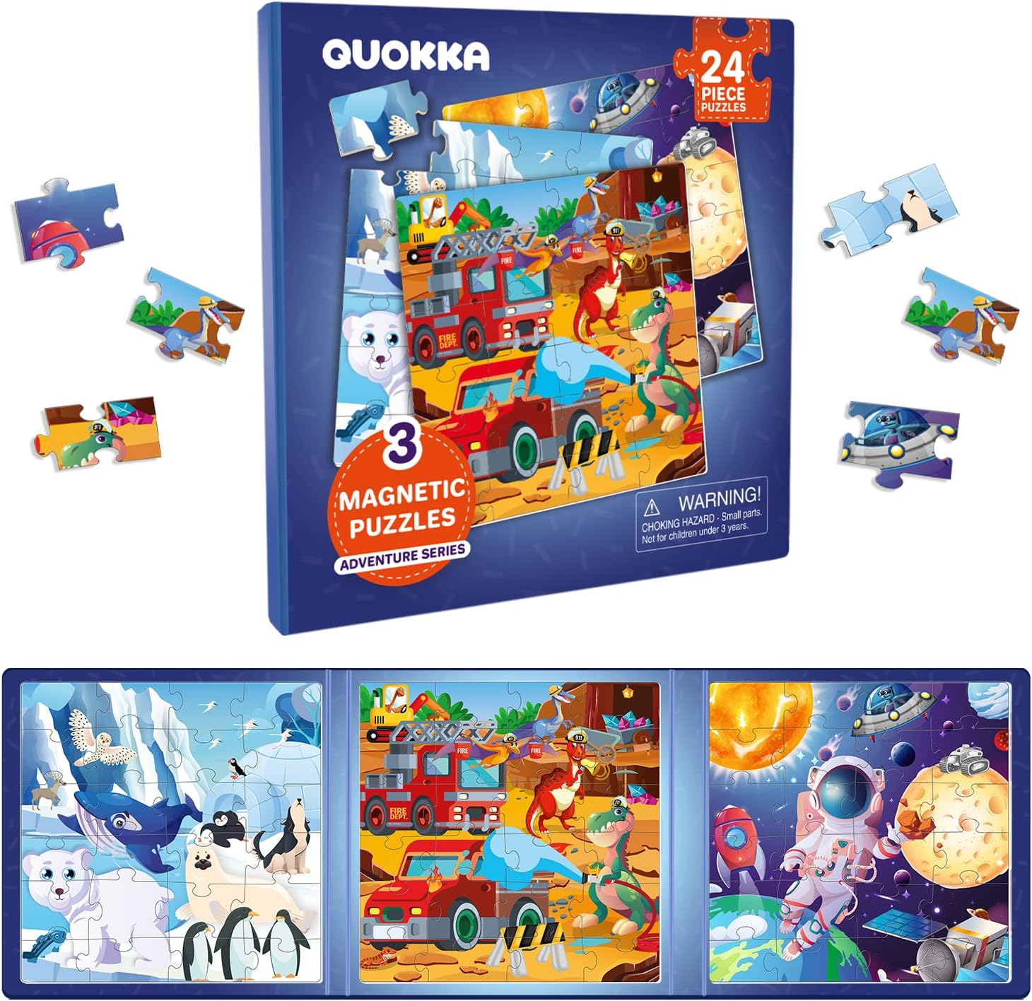 QUOKKA 3-in-1 Magnetic Puzzle Set for Toddlers 2-4 – 24-Piece Animal, Dino & Car Travel Games for Kids Ages 3-5 – Educational & Fun Road Trip Activity