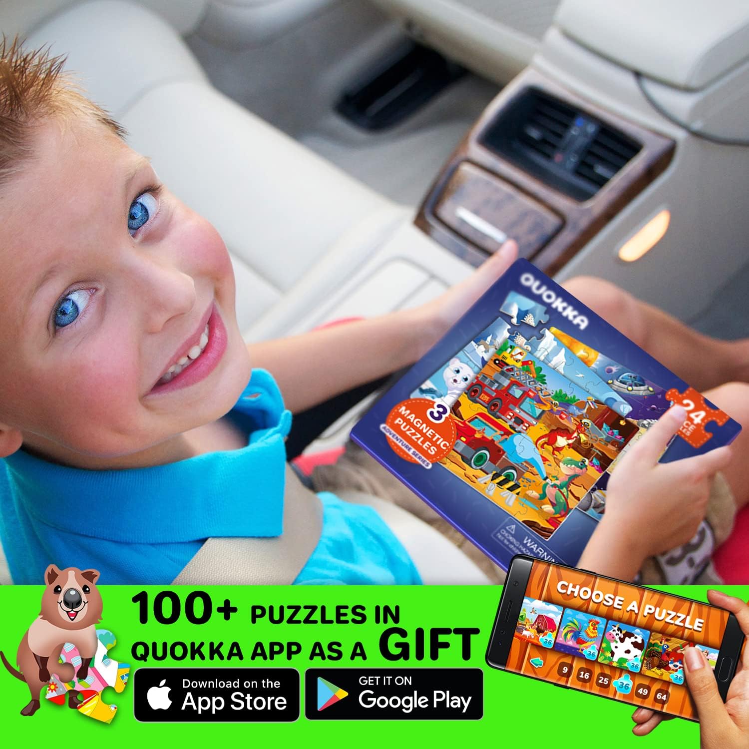 QUOKKA 3-in-1 Magnetic Puzzle Set for Toddlers 2-4 – 24-Piece Animal, Dino & Car Travel Games for Kids Ages 3-5 – Educational & Fun Road Trip Activity