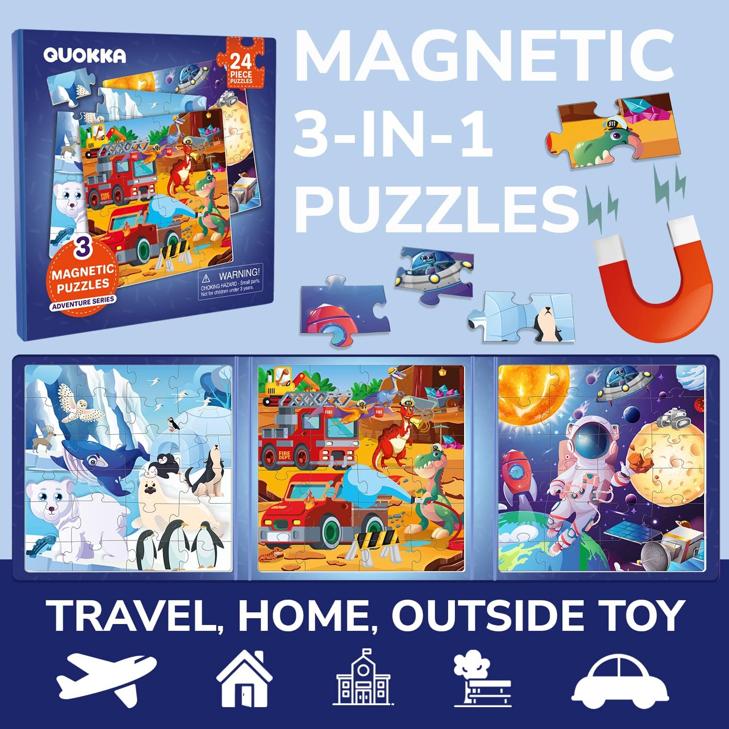 QUOKKA 3-in-1 Magnetic Puzzle Set for Toddlers 2-4 – 24-Piece Animal, Dino & Car Travel Games for Kids Ages 3-5 – Educational & Fun Road Trip Activity