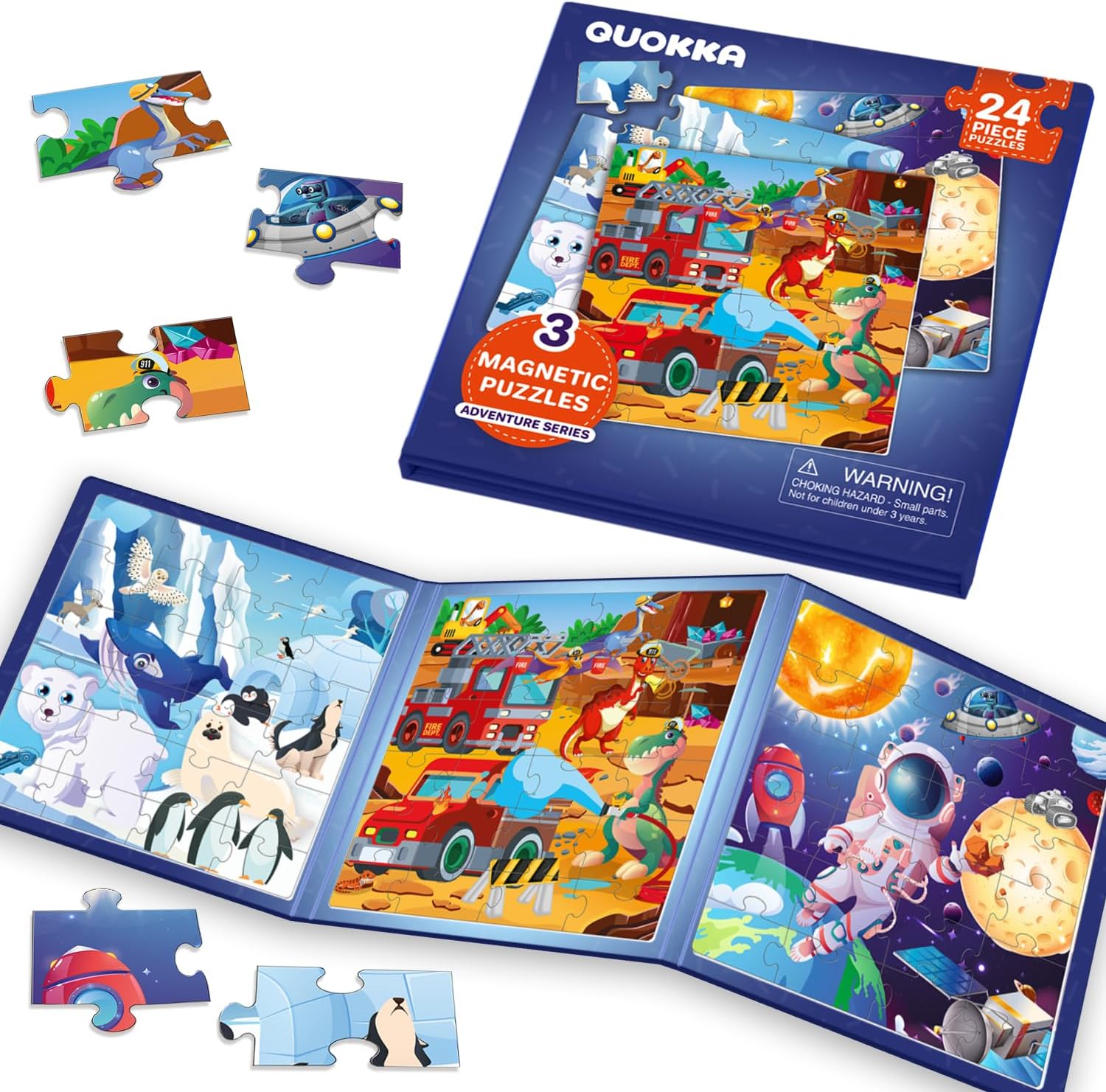 QUOKKA 3-in-1 Magnetic Puzzle Set for Toddlers 2-4 – 24-Piece Animal, Dino & Car Travel Games for Kids Ages 3-5 – Educational & Fun Road Trip Activity