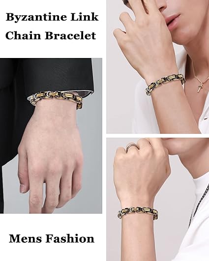 QianSiLi Men's Byzantine Chain Bracelet | 316L Stainless Steel Chunky Link Bracelet in Silver, Gold & Black | Gift Ready for Men & Boys