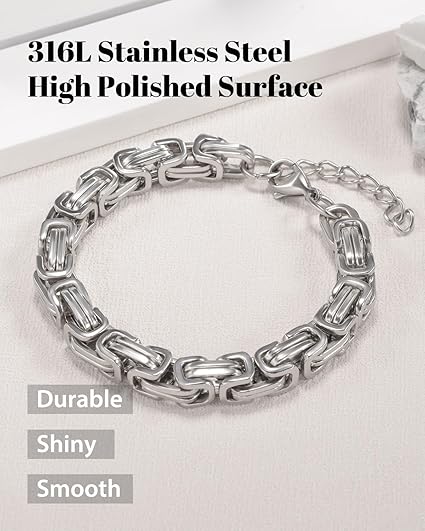 QianSiLi Men's Byzantine Chain Bracelet | 316L Stainless Steel Chunky Link Bracelet in Silver, Gold & Black | Gift Ready for Men & Boys