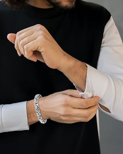 QianSiLi Men's Byzantine Chain Bracelet | 316L Stainless Steel Chunky Link Bracelet in Silver, Gold & Black | Gift Ready for Men & Boys