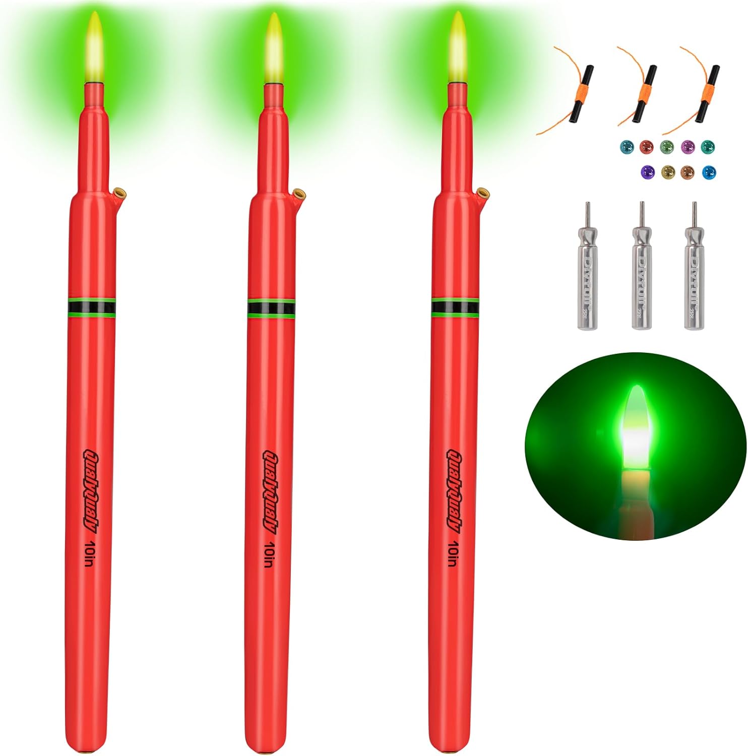 QualyQualy 3-piece LED fishing floats set with high-vis balsa wood waggler floats for carp, catfish, and bass fishing.