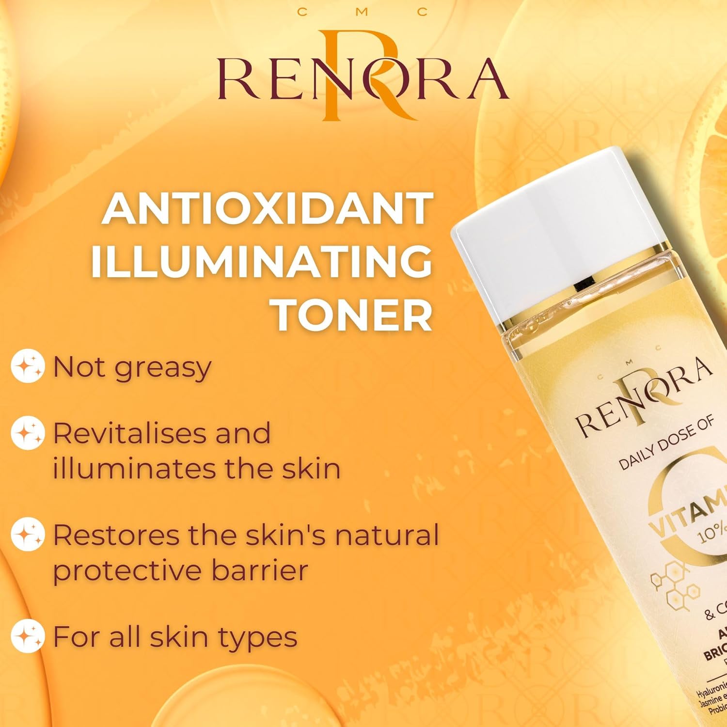 RENORA 10% Vitamin C & Collagen Brightening Toner | Antioxidant, Hyaluronic Acid & Probiotics | Reduces Blemishes & Scars | 200ml - Zeta Store