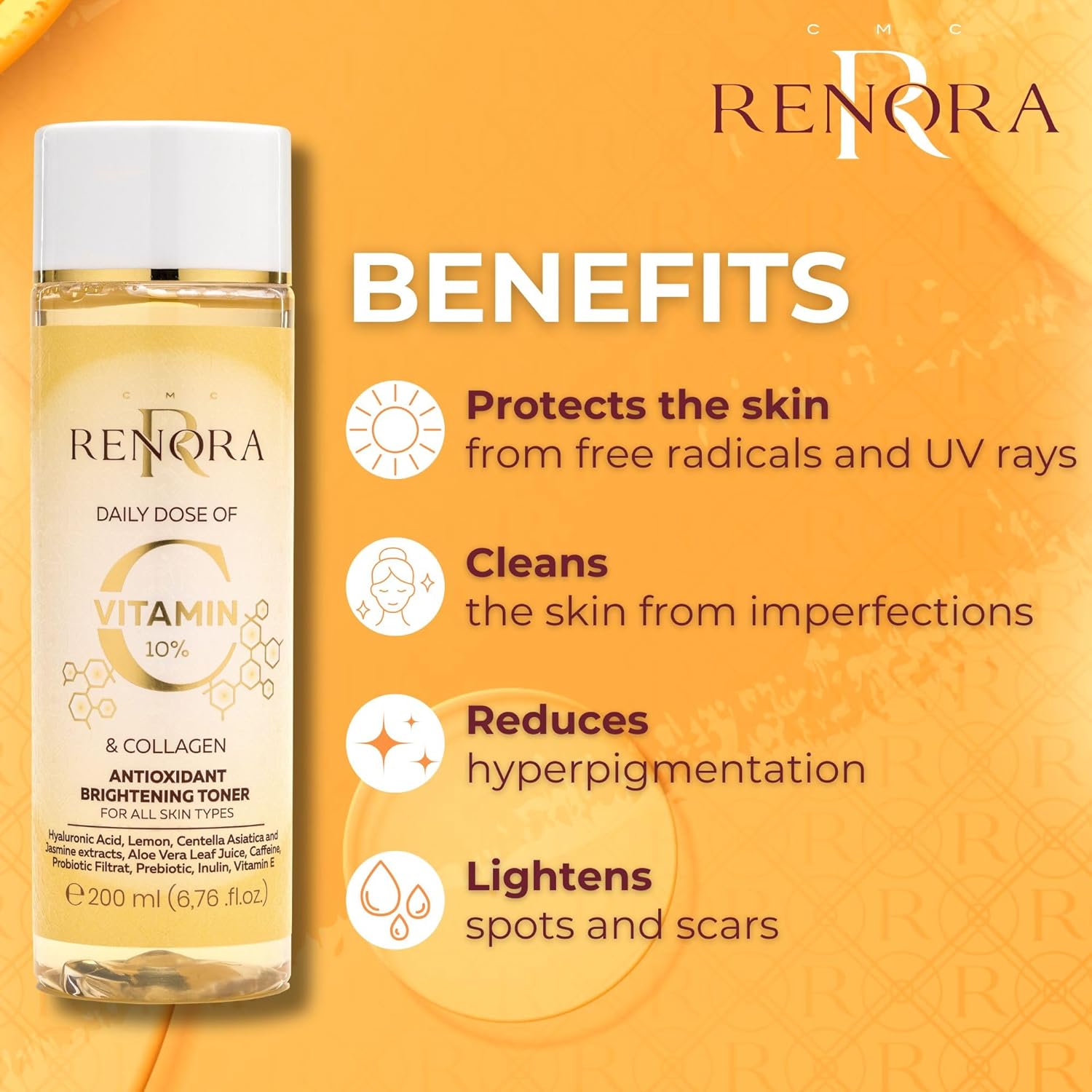 RENORA 10% Vitamin C & Collagen Brightening Toner | Antioxidant, Hyaluronic Acid & Probiotics | Reduces Blemishes & Scars | 200ml - Zeta Store