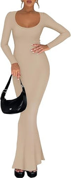 REORIA - Low Square Neck Maxi Dress ✨ | Slimming Flare Hem | Sexy & Cozy Long Sleeve | Wedding Guest & Formal Wear - Zeta Store