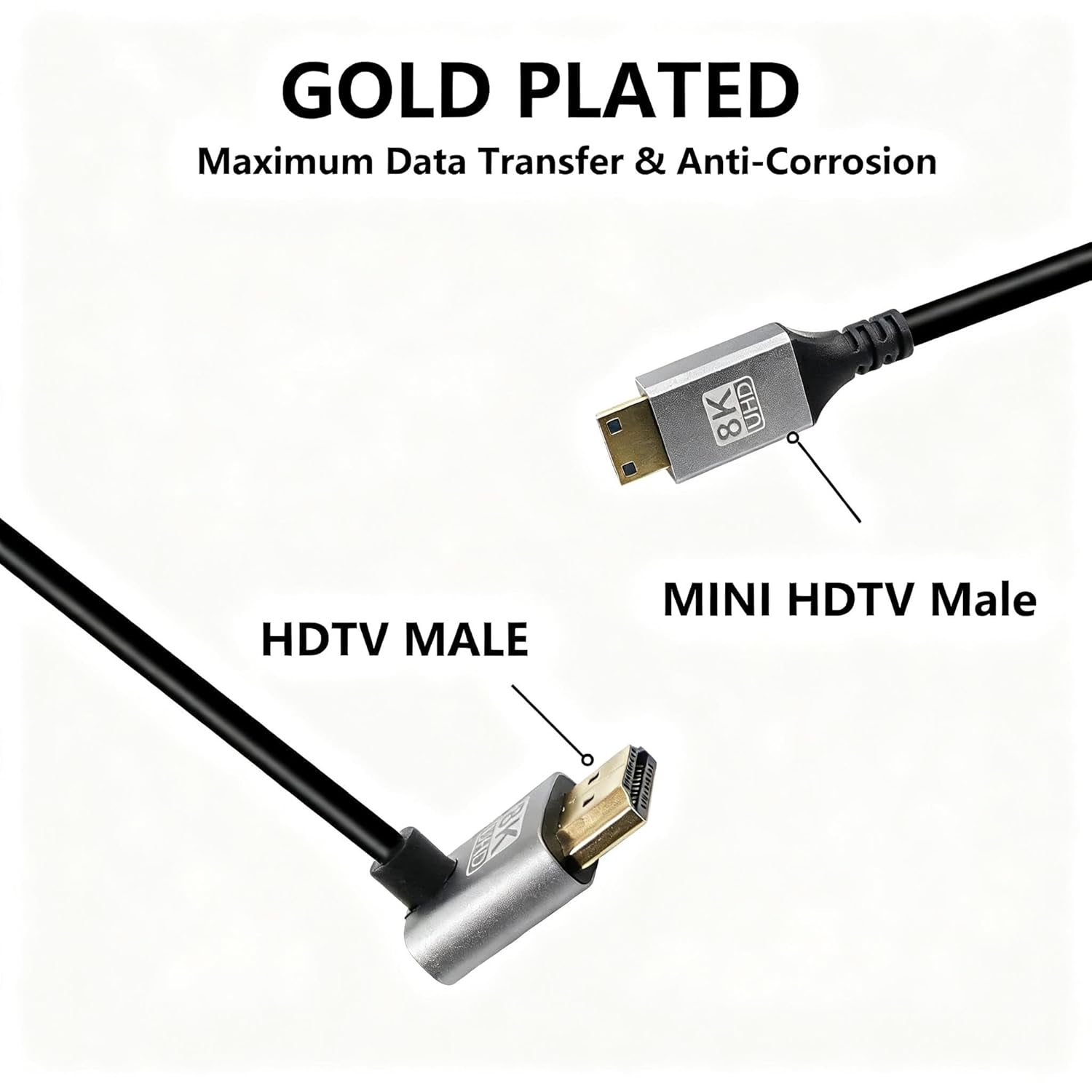 RIIEYOCA 8K Mini HDTV to 90° down angle HDMI cable, gold-plated, 48Gbps, supports 8K at 60Hz for high-quality video connection.