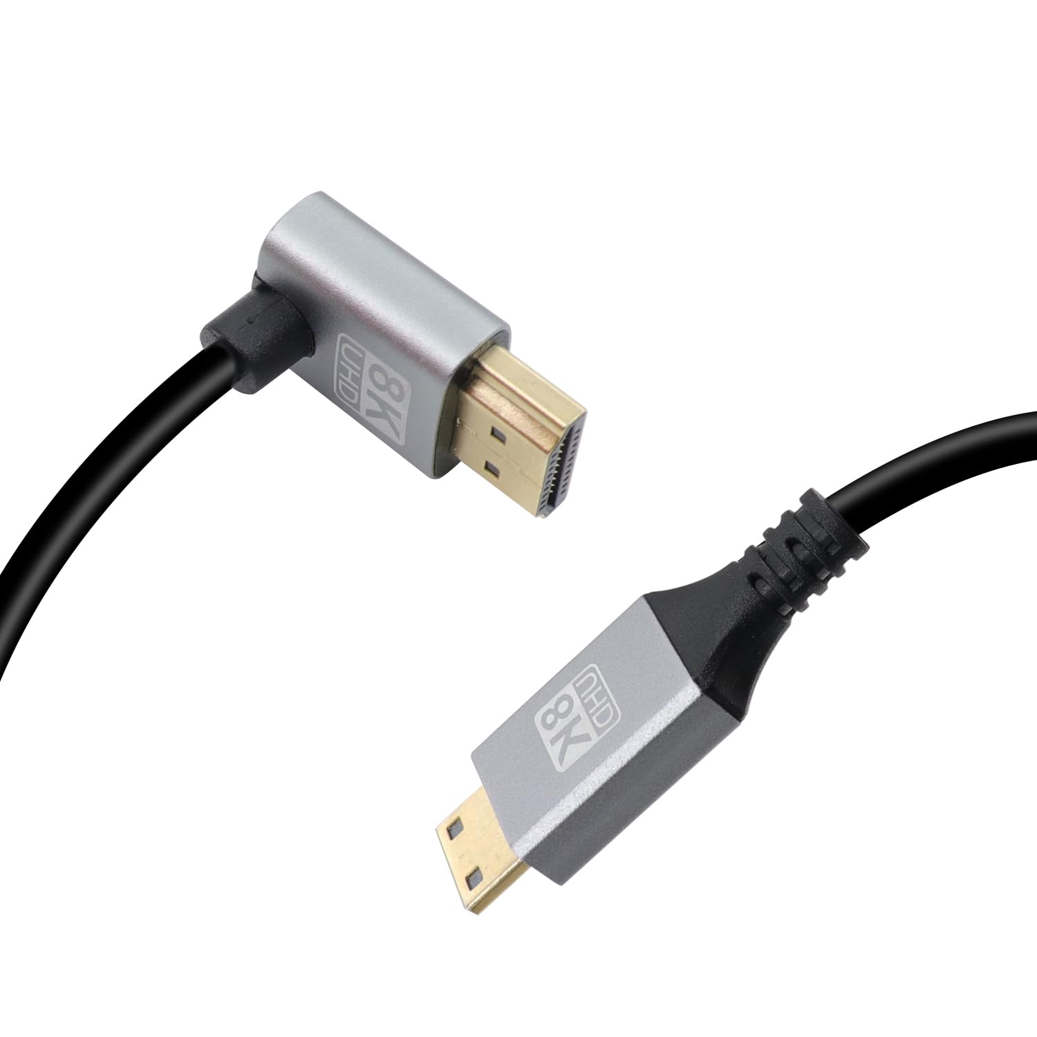 RIIEYOCA 8K Mini HDTV cable with 90° down angle, gold-plated connectors, supports 8K@60Hz, 48Gbps for high-quality video transfer.