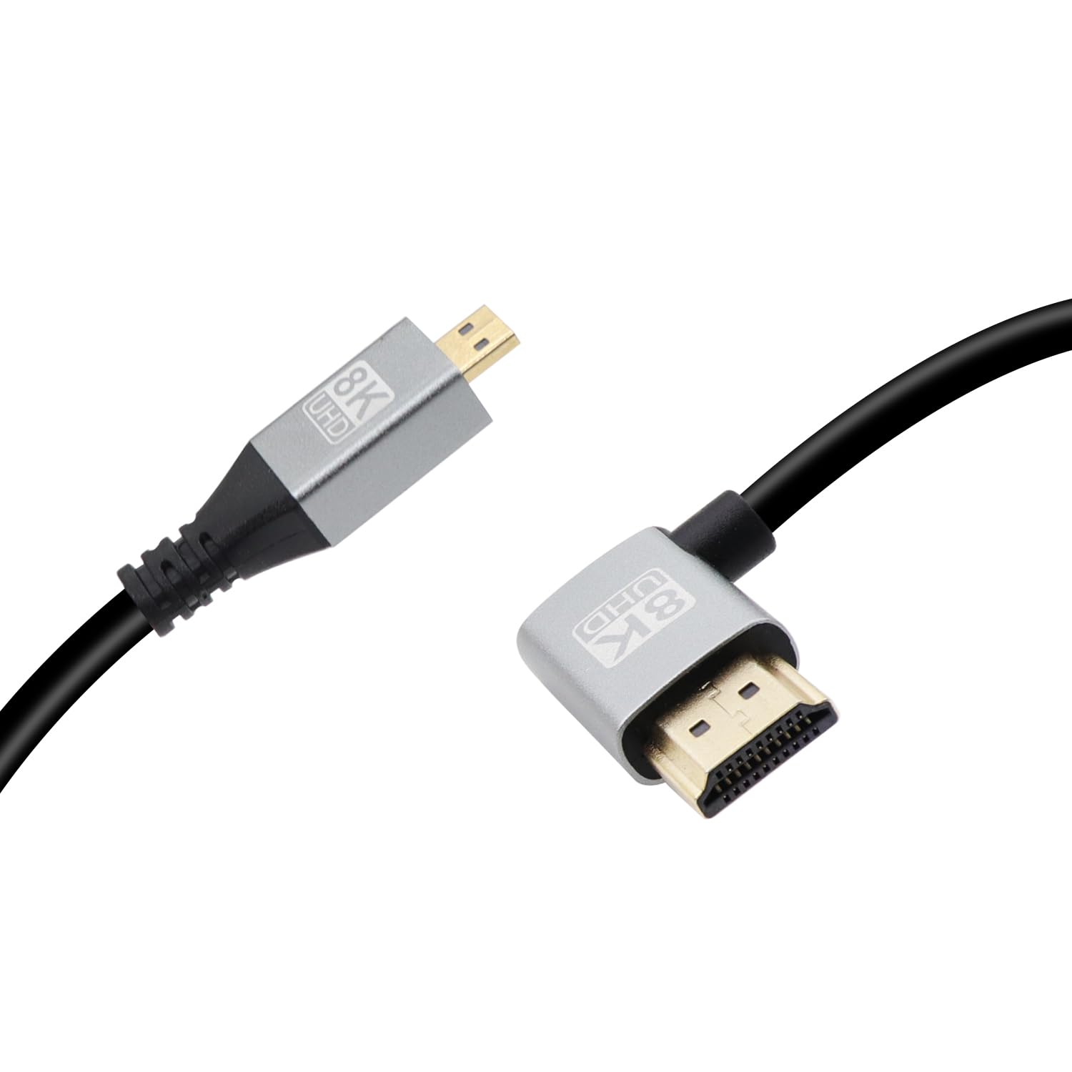 RIIEYOCA 8K Micro HDMI to HDMI cable with 90° left angle, 48Gbps, 8K@60Hz, HDR, gold-plated, 1m length.