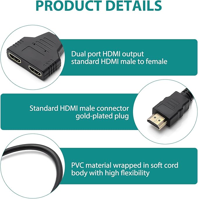 HDMI Cable Splitter - 1 in 2 Out HDMI Splitter, Male to Dual Female, 1 to 2 Way Distributor for LCD, LED, TV, DVD and More, Plug and Play - Zeta Store