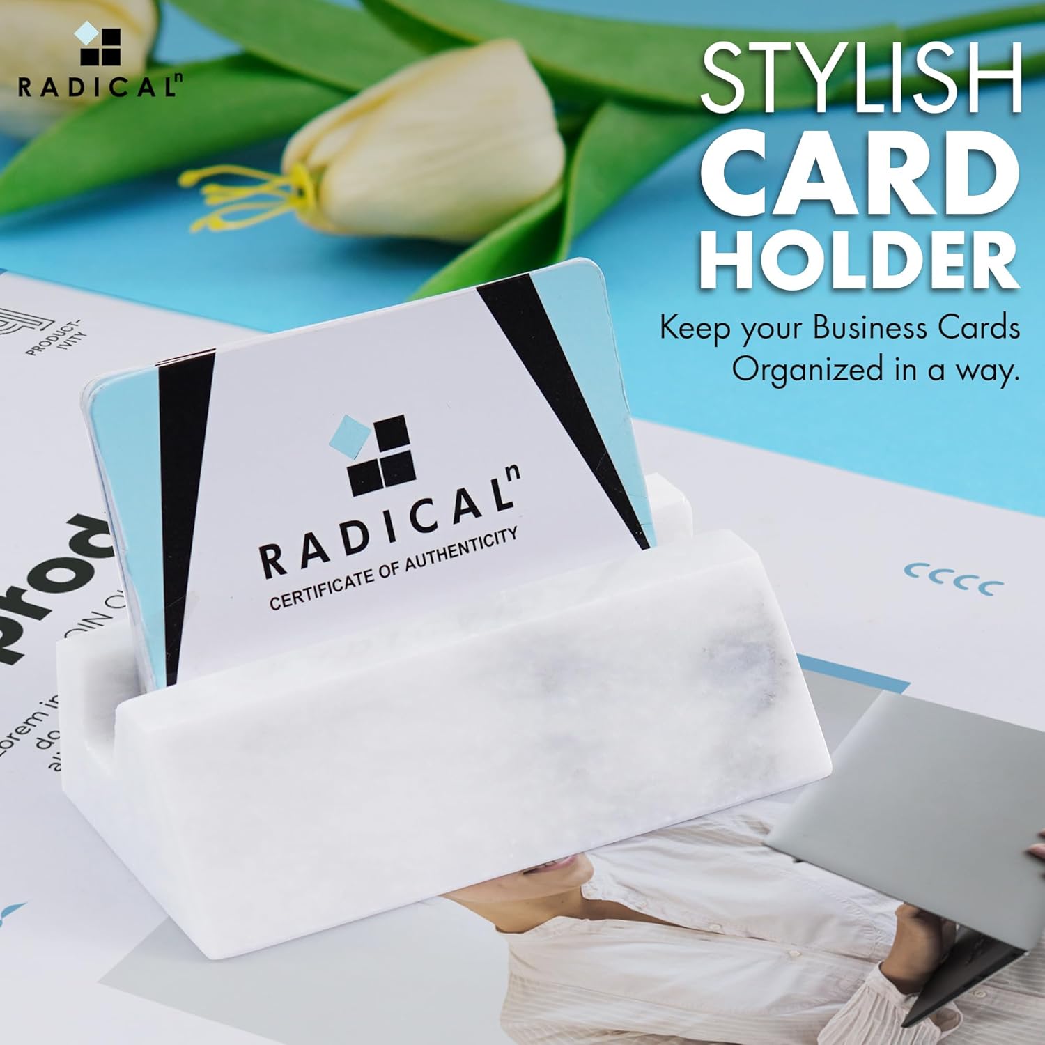 RADICALn White Marble Business Card Holder | Handmade Premium Desk Organizer for Credit Cards, Debit Cards & Gift Cards | Compact & Stylish Office Supply (Holds 20+ Cards) - Zeta Store