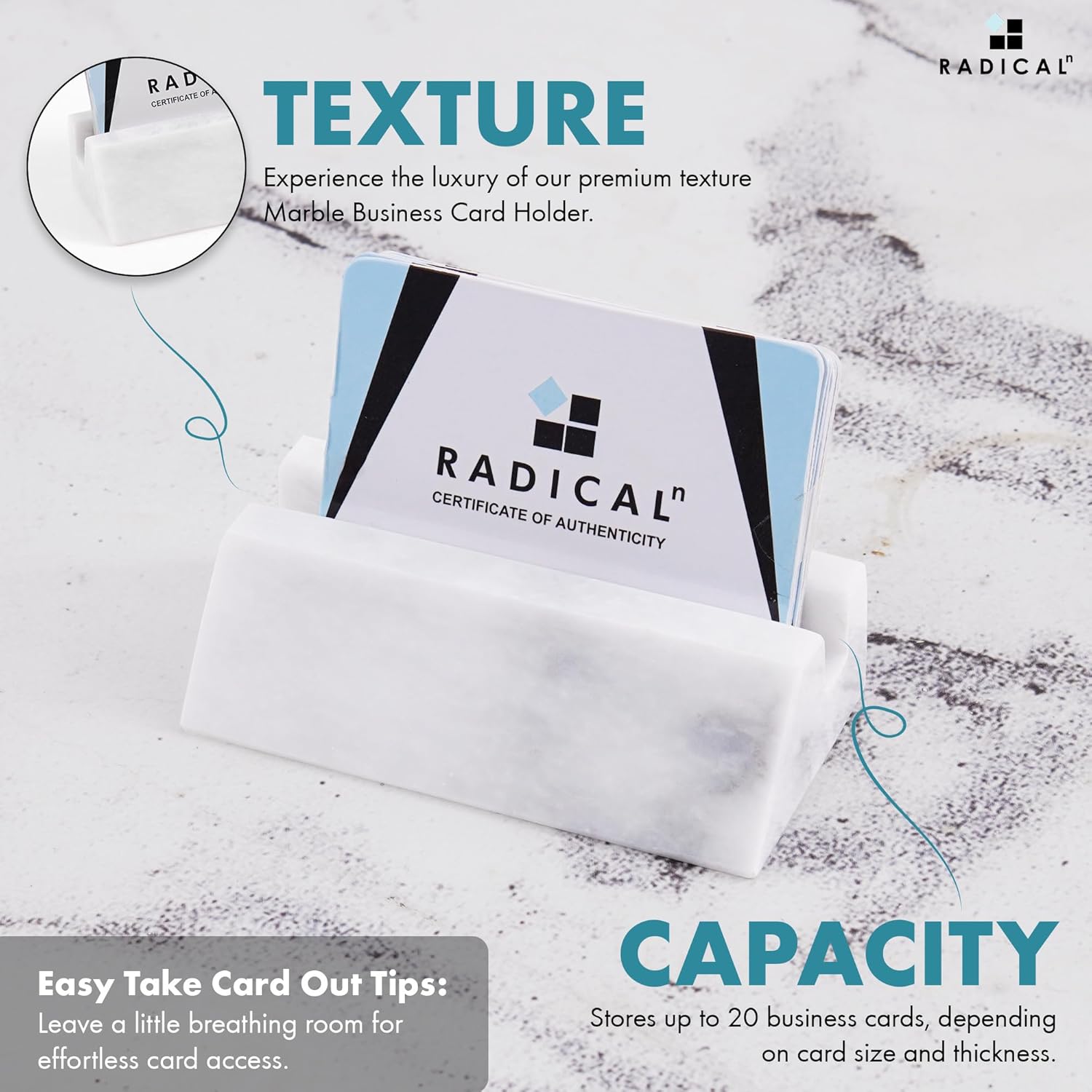 RADICALn White Marble Business Card Holder | Handmade Premium Desk Organizer for Credit Cards, Debit Cards & Gift Cards | Compact & Stylish Office Supply (Holds 20+ Cards) - Zeta Store