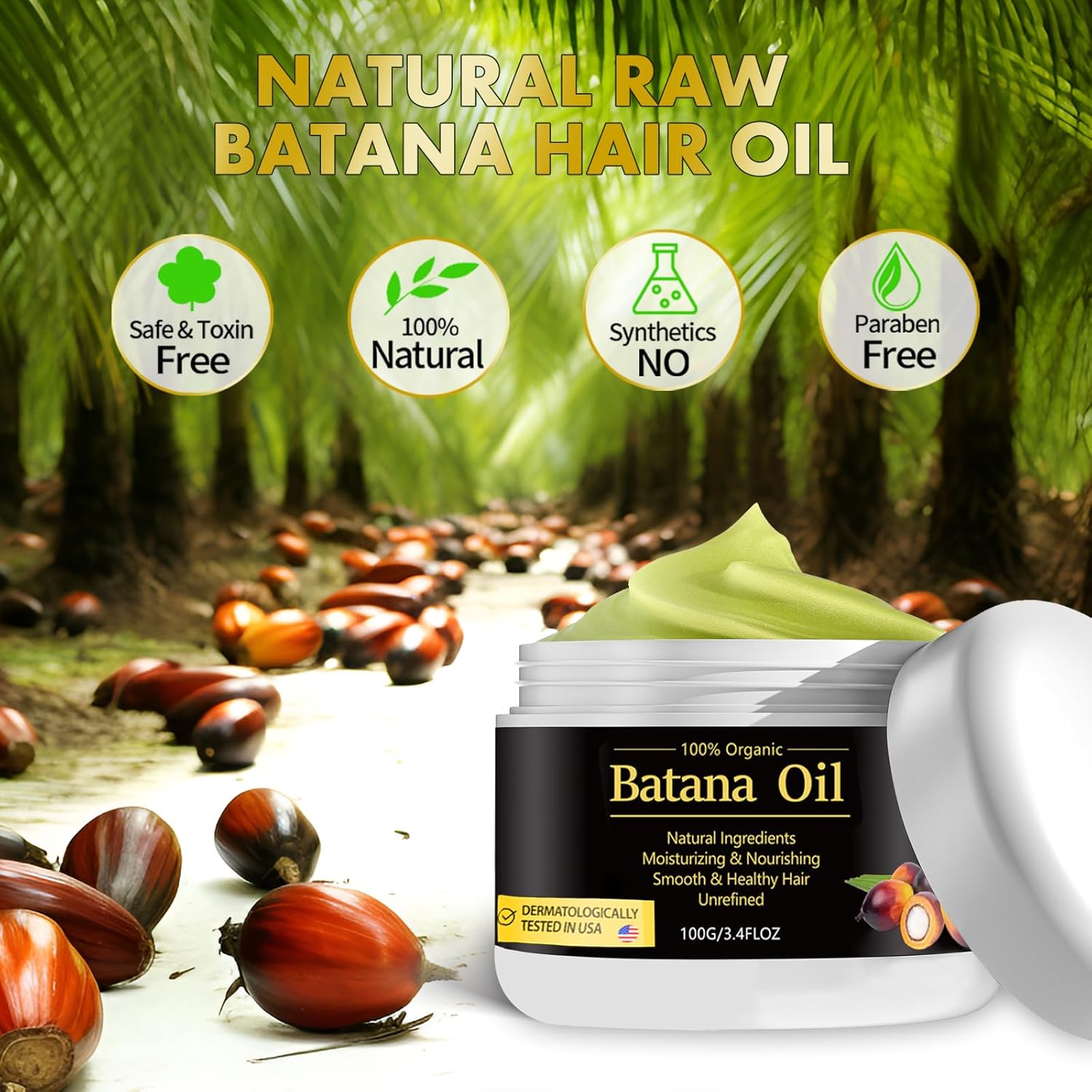 Raw Organic Batana Oil • 100% Pure &amp; Unrefined • Anti-Hair Loss • Promotes Growth • Thicker, Fuller Hair • 3.4 fl oz
