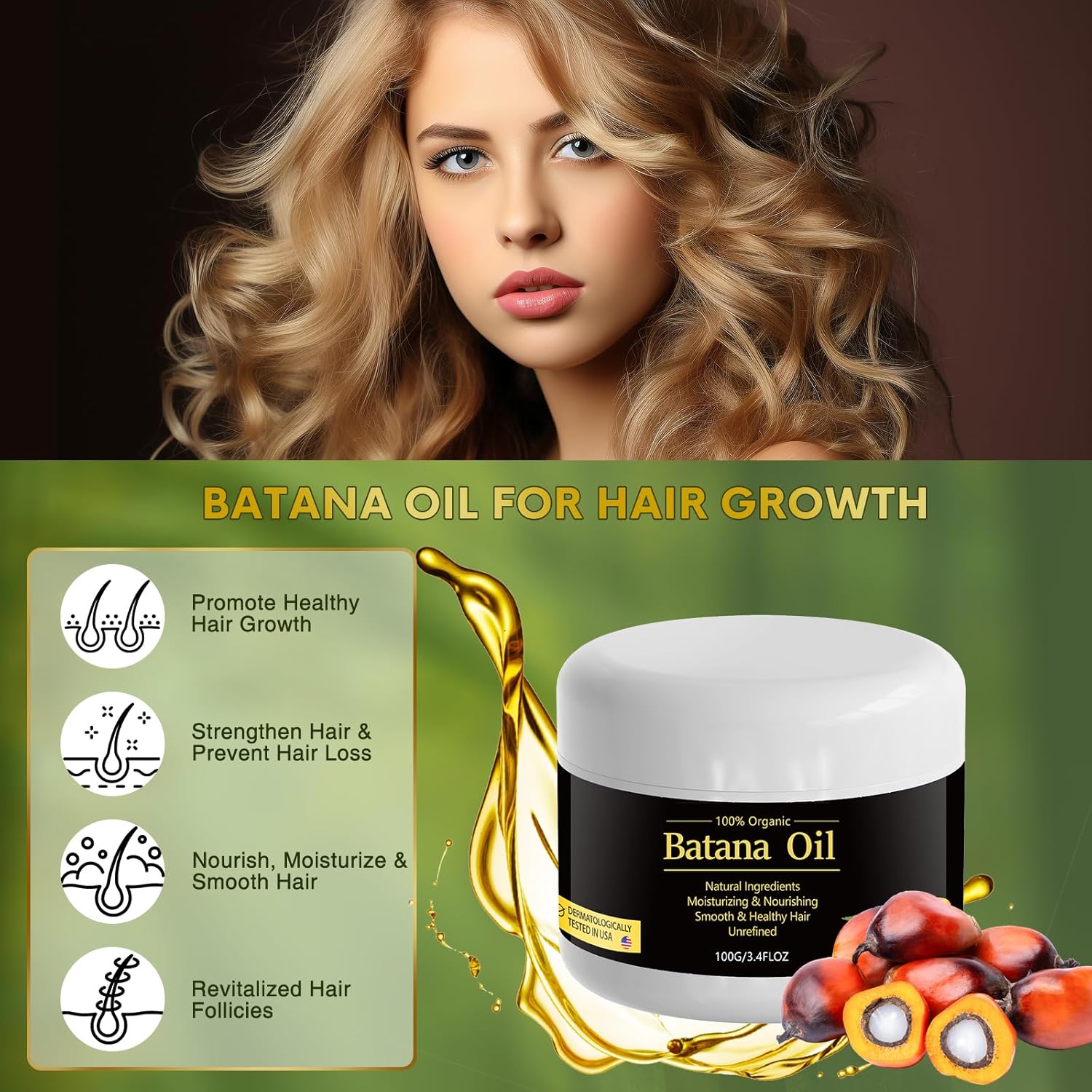 Raw Organic Batana Oil • 100% Pure &amp; Unrefined • Anti-Hair Loss • Promotes Growth • Thicker, Fuller Hair • 3.4 fl oz