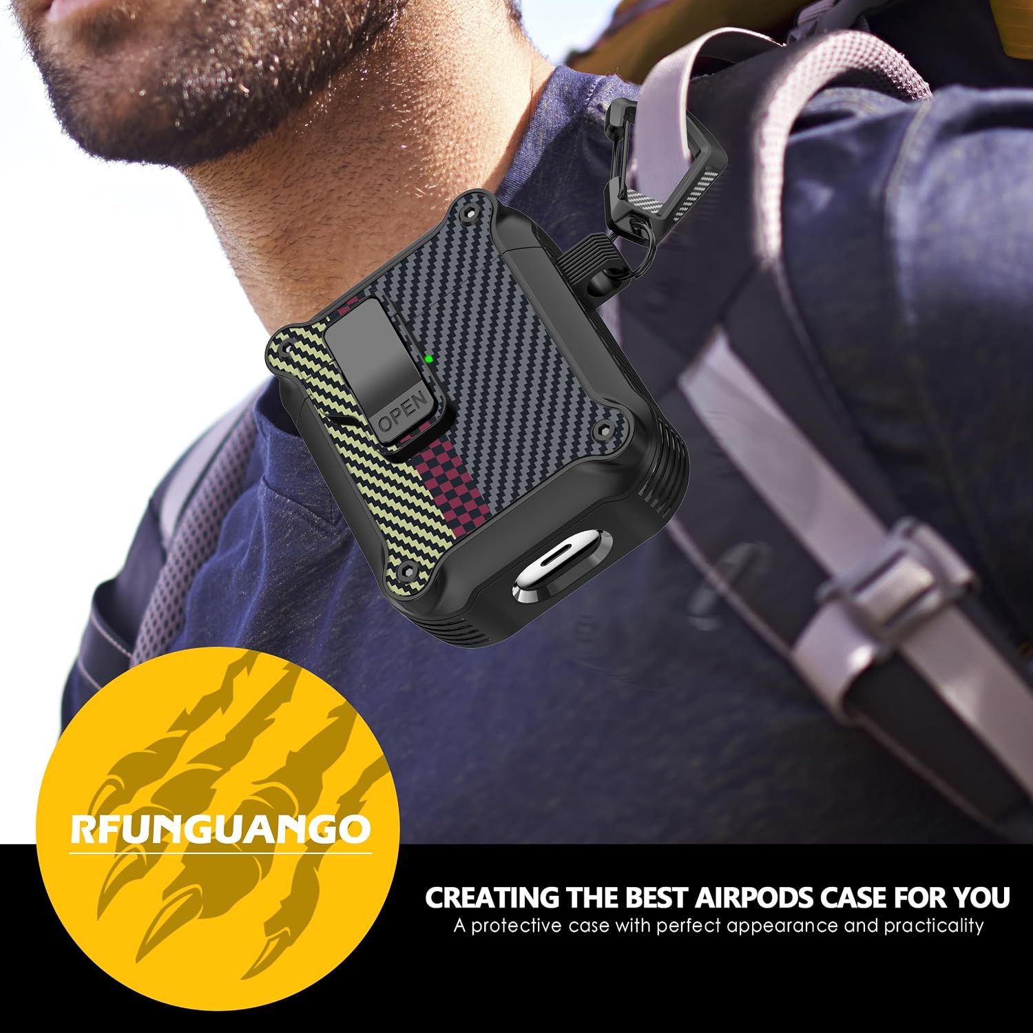 Rfunguango AirPods 1st / 2nd Gen Case - Rugged Carbon Fiber Shockproof Hard Case With Auto Pop-up Safety Lock, Carabiner Keychain & 3-in-1 Cleaning Kit