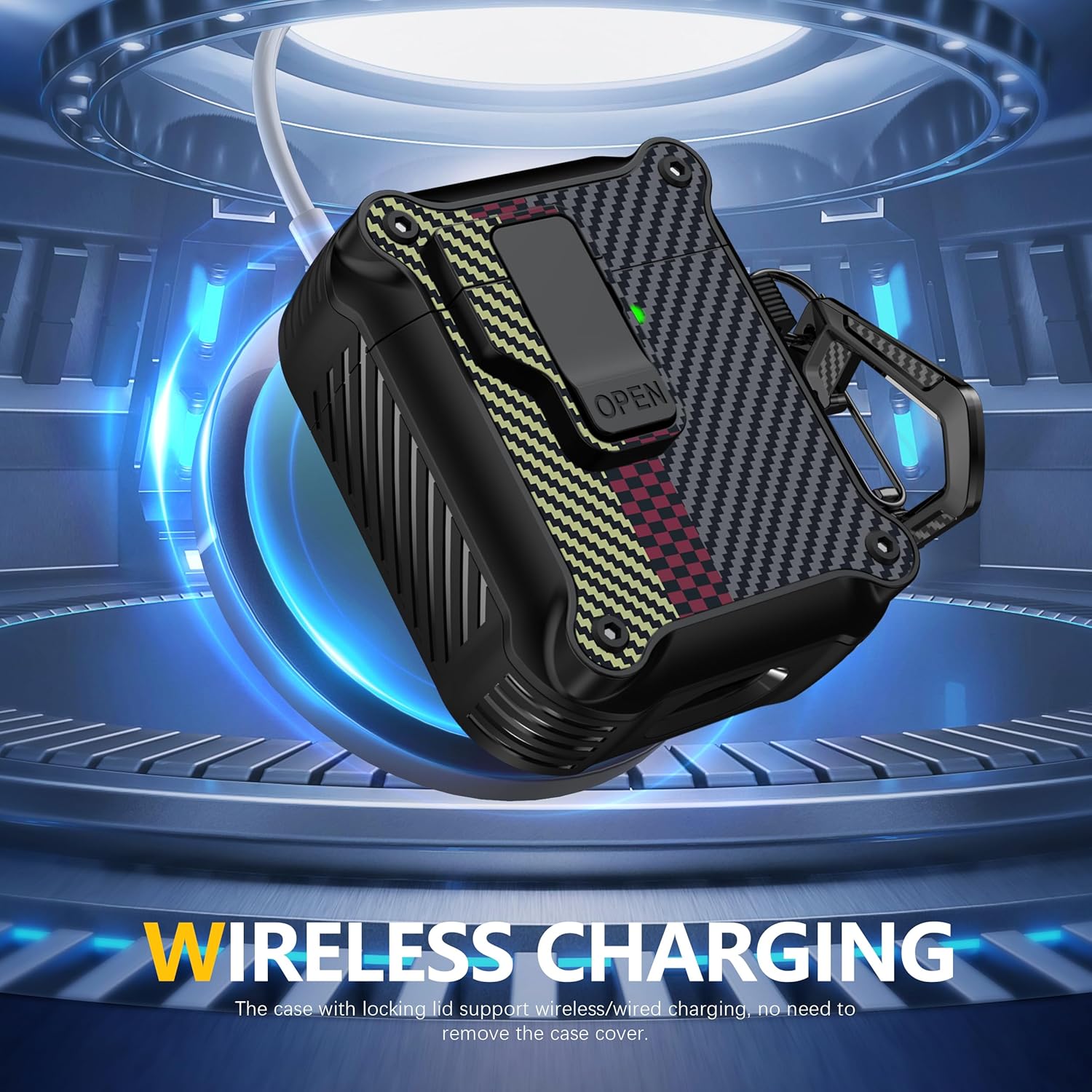 Rfunguango AirPods 1st / 2nd Gen Case - Rugged Carbon Fiber Shockproof Hard Case With Auto Pop-up Safety Lock, Carabiner Keychain & 3-in-1 Cleaning Kit