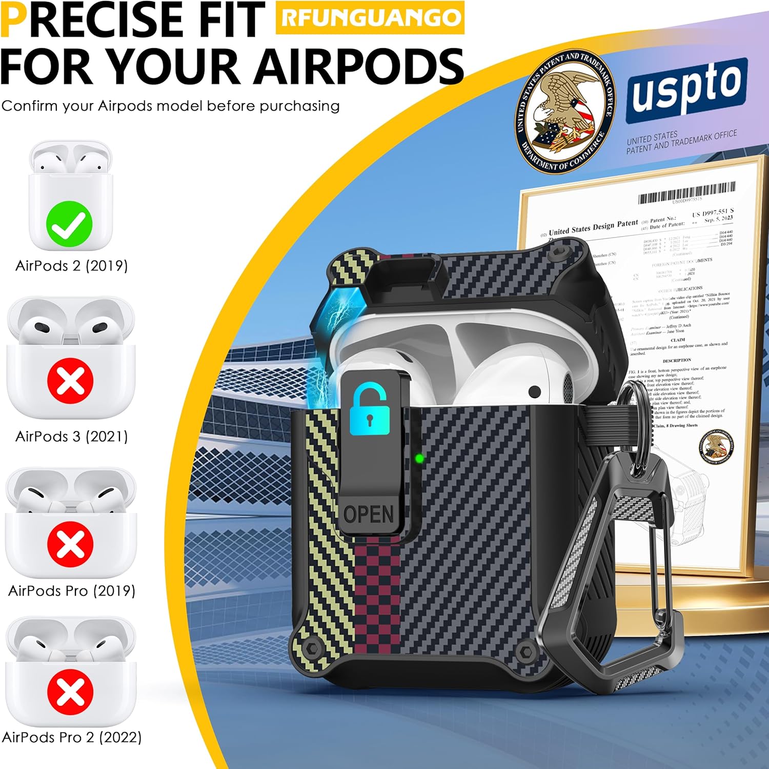 Rfunguango AirPods 1st / 2nd Gen Case - Rugged Carbon Fiber Shockproof Hard Case With Auto Pop-up Safety Lock, Carabiner Keychain & 3-in-1 Cleaning Kit