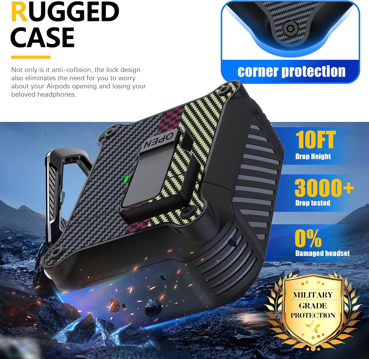 Rfunguango AirPods 1st / 2nd Gen Case - Rugged Carbon Fiber Shockproof Hard Case With Auto Pop-up Safety Lock, Carabiner Keychain & 3-in-1 Cleaning Kit