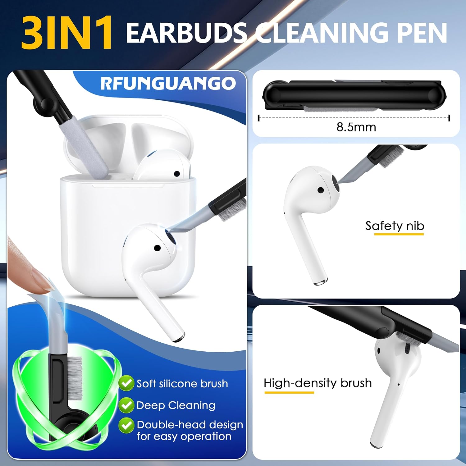 Rfunguango AirPods 1st / 2nd Gen Case - Rugged Carbon Fiber Shockproof Hard Case With Auto Pop-up Safety Lock, Carabiner Keychain & 3-in-1 Cleaning Kit