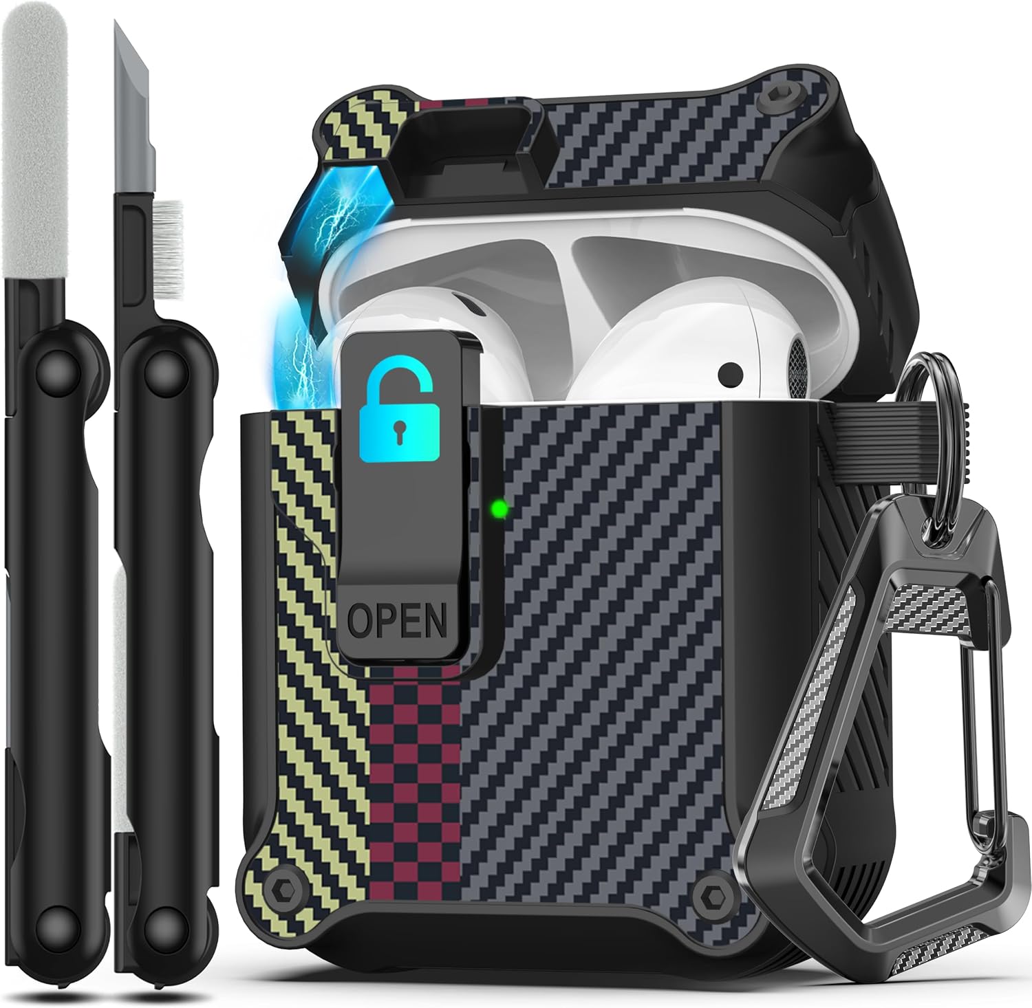 Rfunguango AirPods 1st / 2nd Gen Case - Rugged Carbon Fiber Shockproof Hard Case With Auto Pop-up Safety Lock, Carabiner Keychain & 3-in-1 Cleaning Kit
