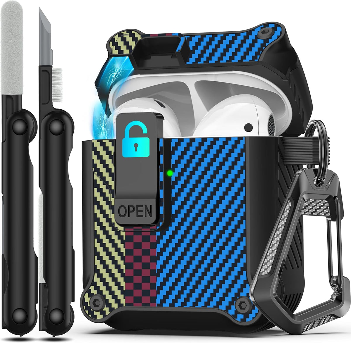 Rfunguango AirPods 1st / 2nd Gen Case - Rugged Carbon Fiber Shockproof Hard Case With Auto Pop-up Safety Lock, Carabiner Keychain & 3-in-1 Cleaning Kit