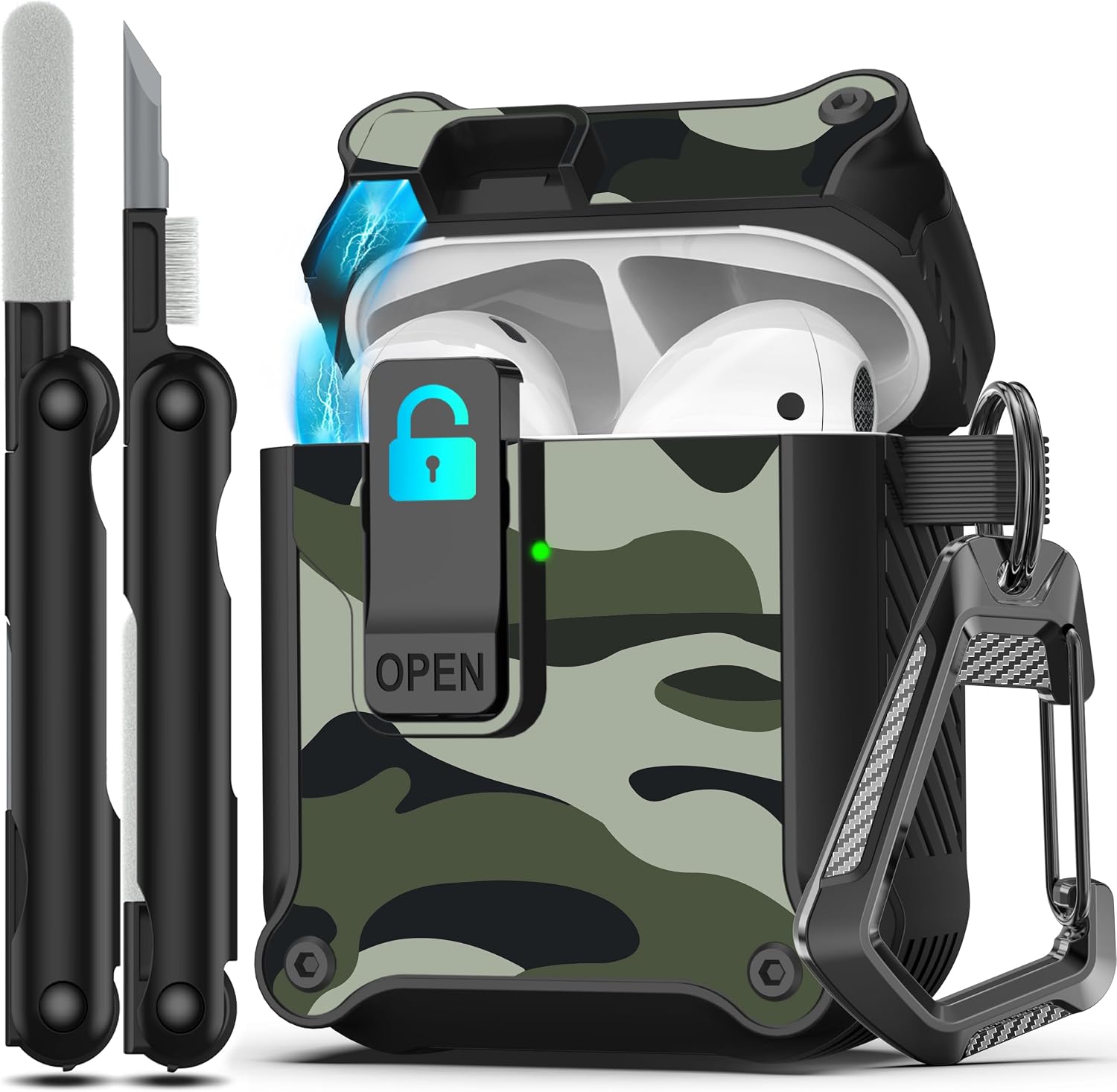 Rfunguango AirPods 1st / 2nd Gen Case - Rugged Carbon Fiber Shockproof Hard Case With Auto Pop-up Safety Lock, Carabiner Keychain & 3-in-1 Cleaning Kit