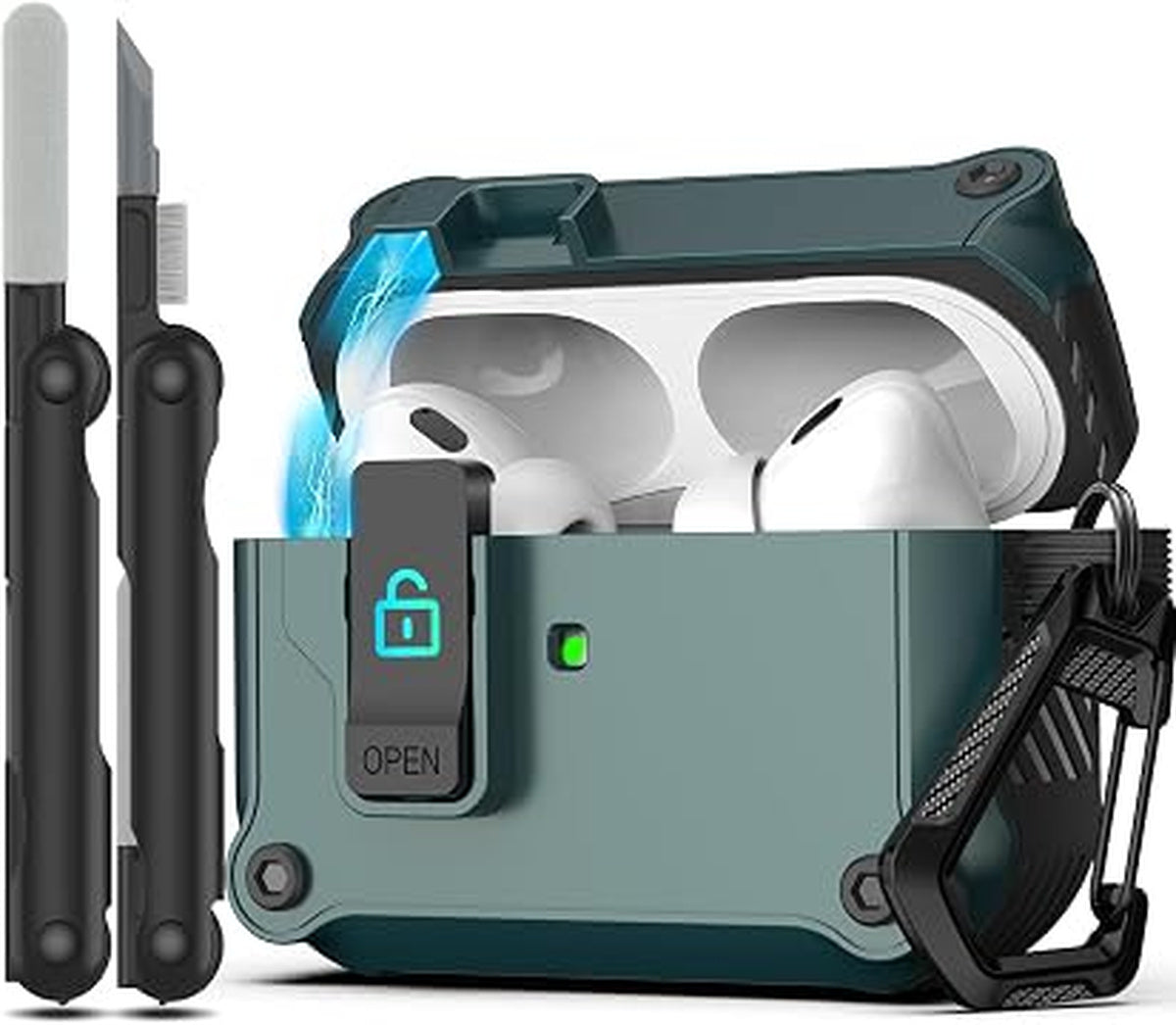 Rfunguango AirPods 1st / 2nd Gen Case - Rugged Carbon Fiber Shockproof Hard Case With Auto Pop-up Safety Lock, Carabiner Keychain & 3-in-1 Cleaning Kit