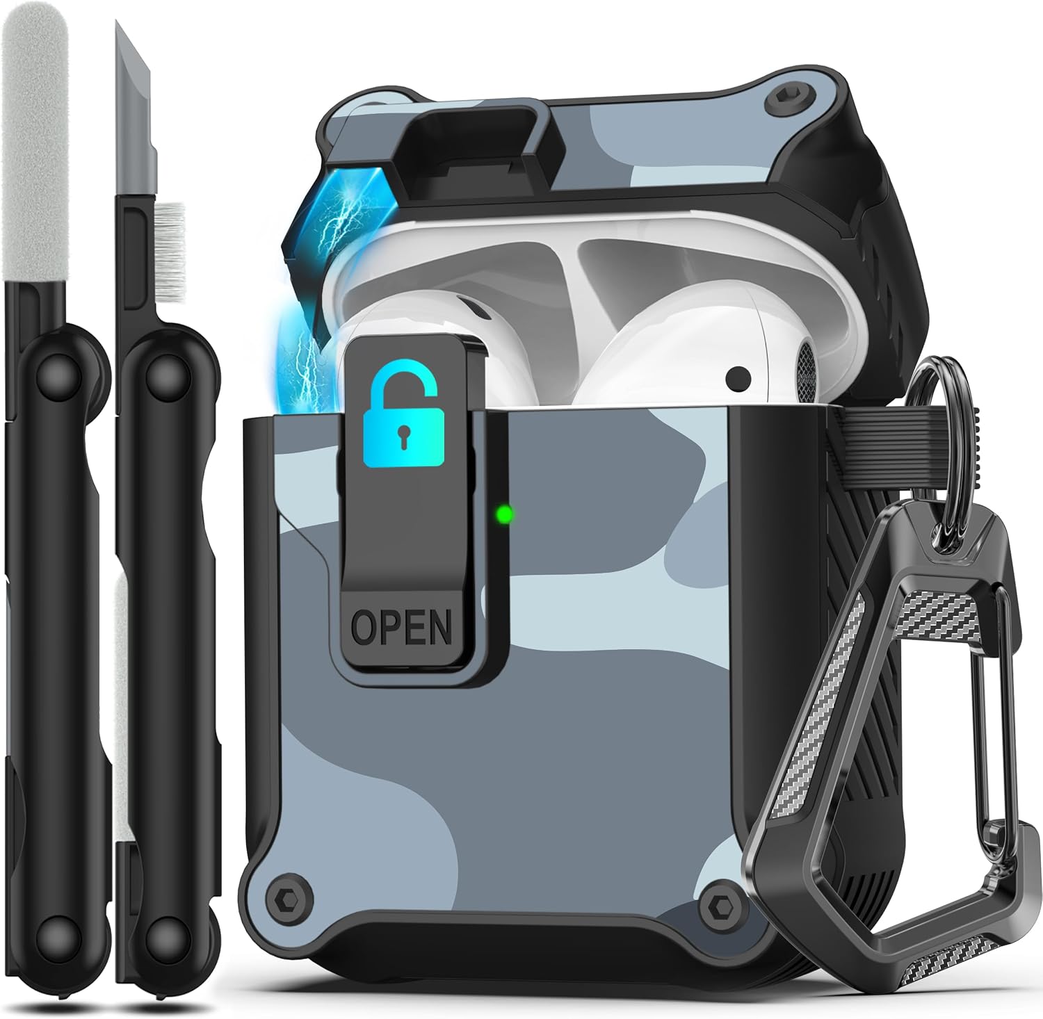 Rfunguango AirPods 1st / 2nd Gen Case - Rugged Carbon Fiber Shockproof Hard Case With Auto Pop-up Safety Lock, Carabiner Keychain & 3-in-1 Cleaning Kit