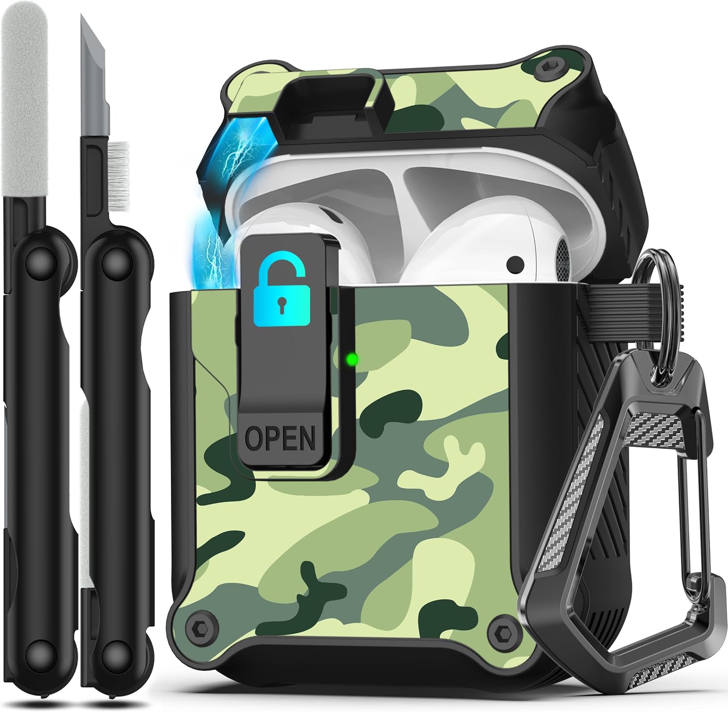 Rfunguango AirPods 1st / 2nd Gen Case - Rugged Carbon Fiber Shockproof Hard Case With Auto Pop-up Safety Lock, Carabiner Keychain & 3-in-1 Cleaning Kit
